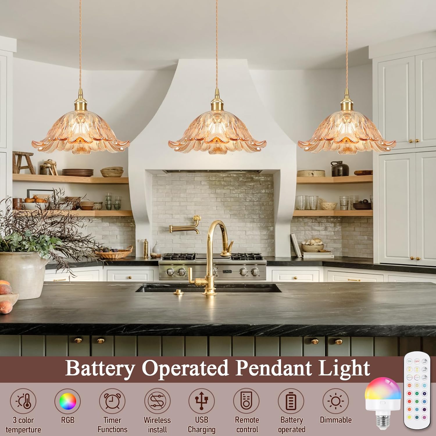 Battery Operated Pendant Light,Amber Chandelier RGB Light Bulb 2500mAh 11in Vintage Light Fixtures with Remote Control Wireless Adjustable Rechargeable Chandelier for Kitchen Island Hallway 1Light