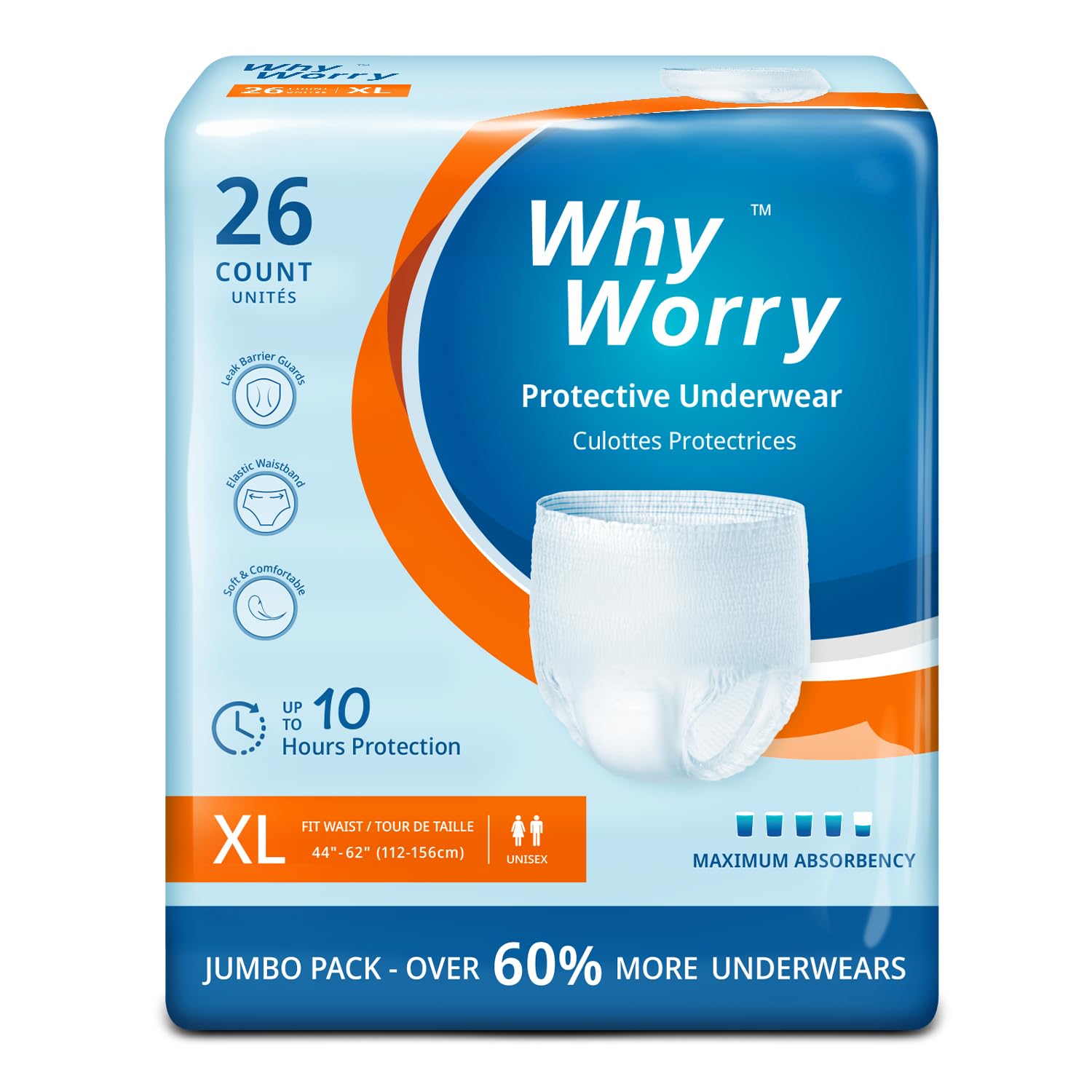 WhyWorry Pañales para Adultos con Incontinencia, Bragas Absorbentes Desechables para Hombres y Mujeres, Ropa Interior con Máxima Absorción para Ancianos, Antiolor, Unisex, Talla XL, 26 Unidades