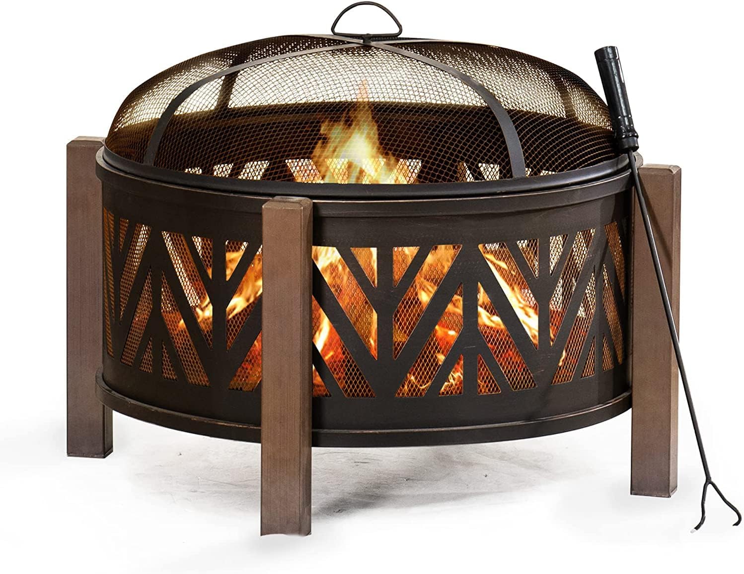 Sunjoy 27 in. Large Fire Pits for Outside Round Wood-Burning Fire Pit, Outdoor Patio Steel Bowl Shape Fire Pit with Mesh Spark Screen and Poker Tool