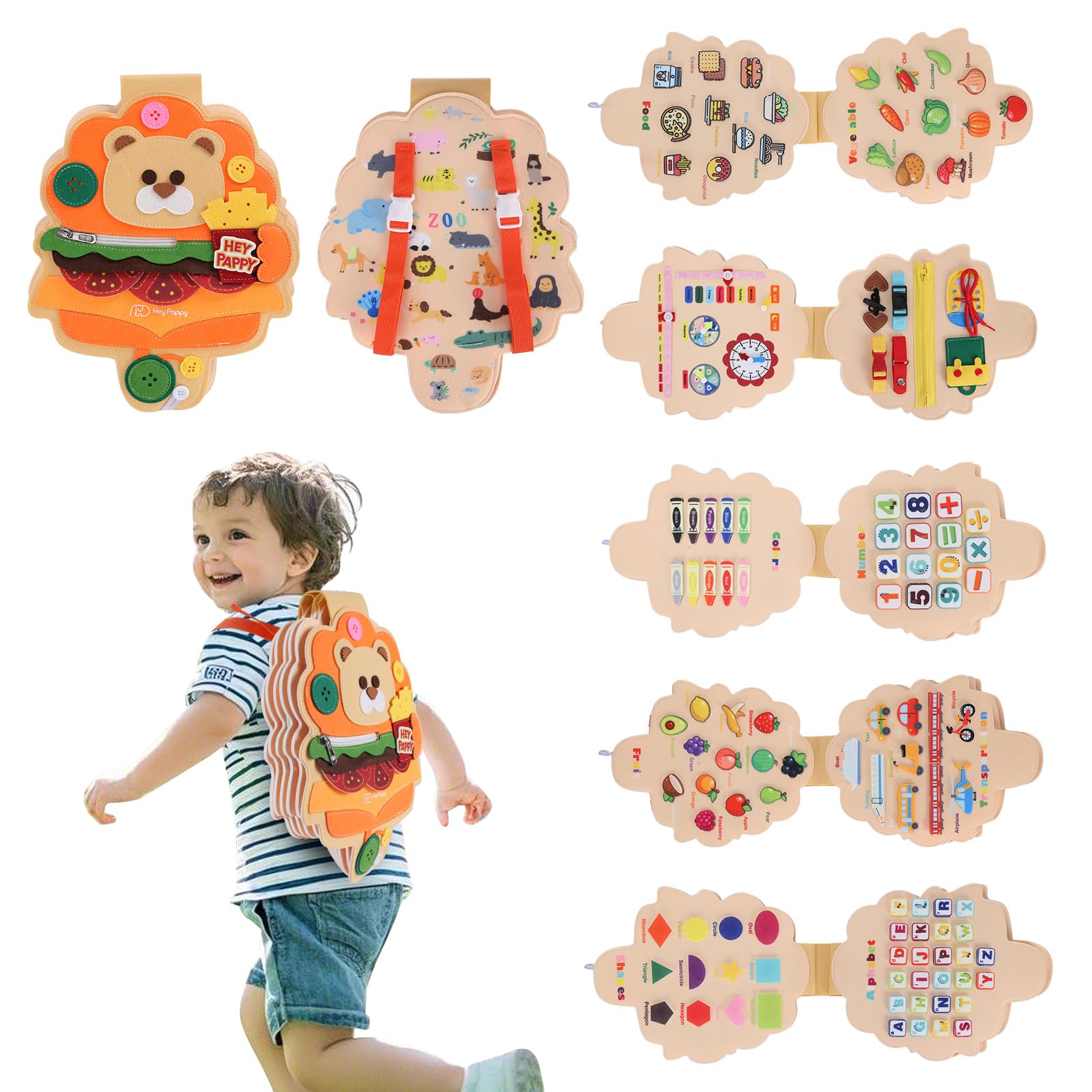 Heypappy Busy Board,12 in 1 Montessori Busy Board Feltro,Montessori Didattici Libro Sensoriale Educativo, Giocattolo per Abilità Motorie con Cintura Zaino Regalo Bambino Compleanno Natale