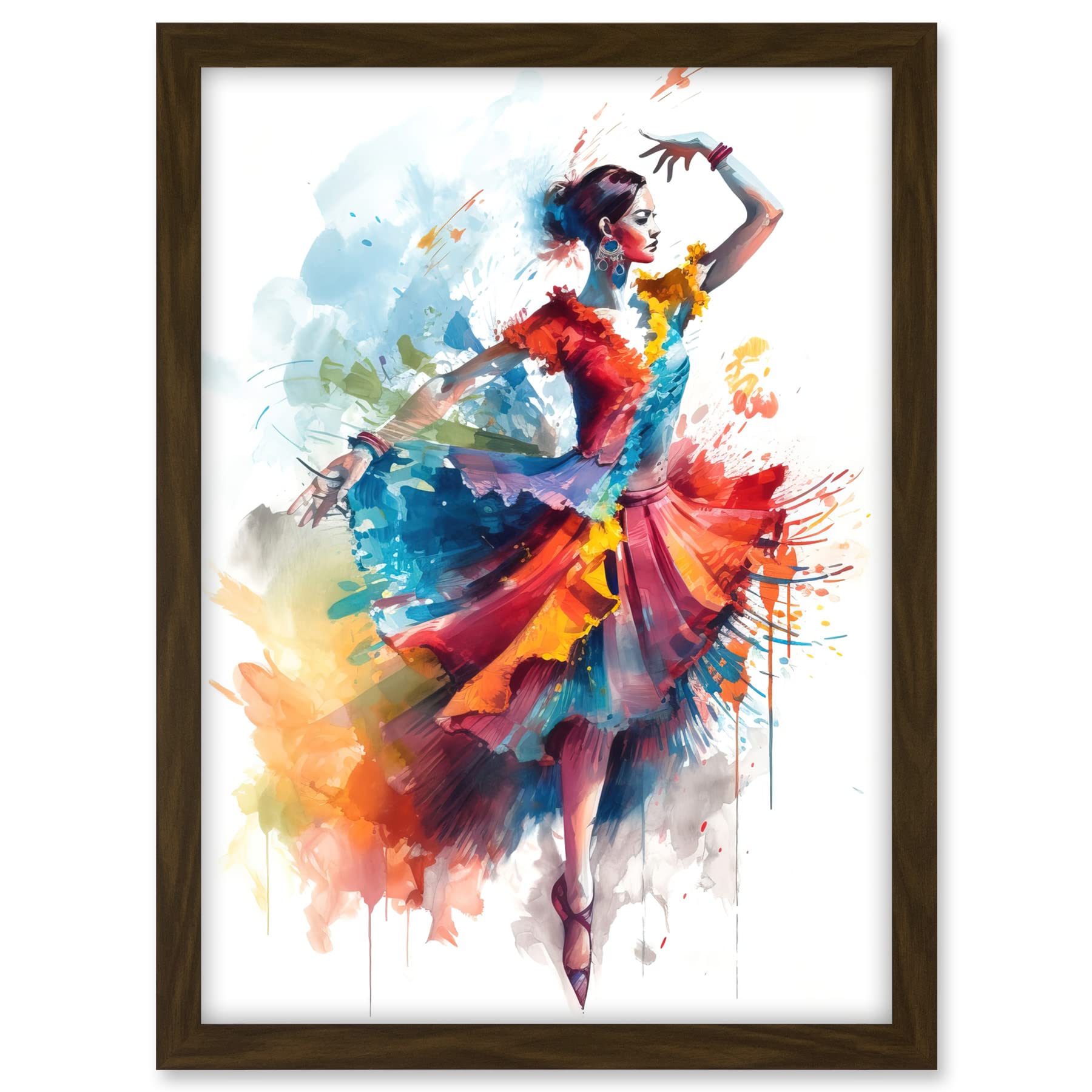 Artery8 Flamenco Dancer in Motion Rainbow Colour Dress Dance Modern Watercolour Painting Artwork Framed A3 Wall Art Print