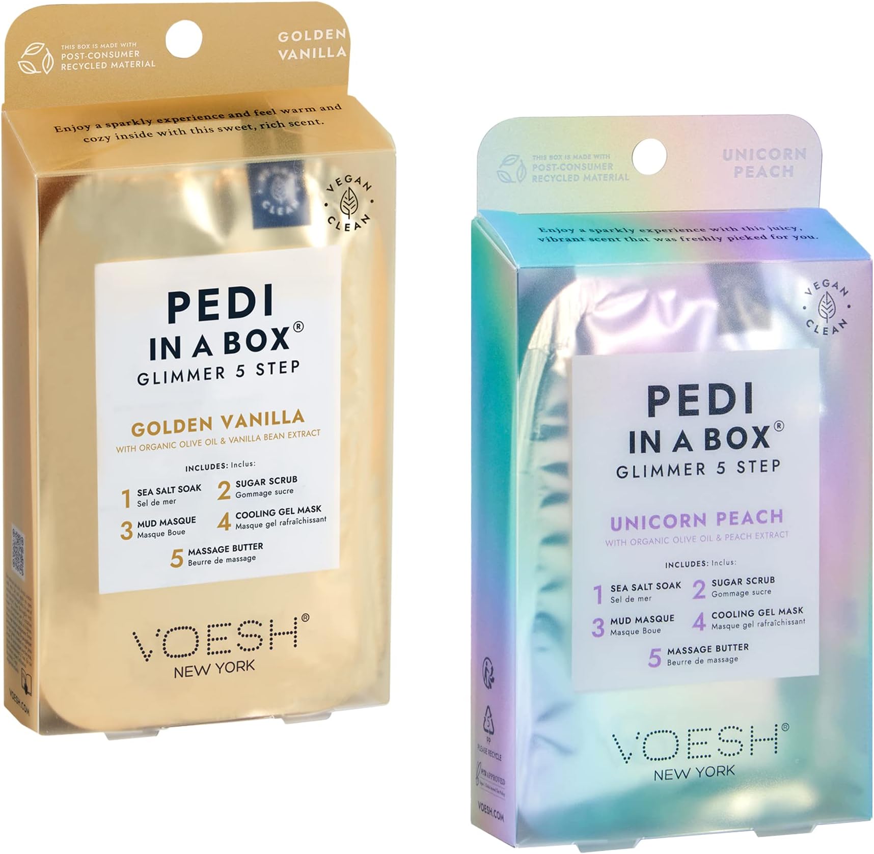 Pedi in a Box Glimmer - Assorted Duo, 2 Pack, Golden Vanilla Scent, Unicorn Peach Scent, Pedicure, Foot Care, At Home Spa, DIY Pedi, At Home Pedicure, Pedicure Products, Pedi In A Box, Vegan