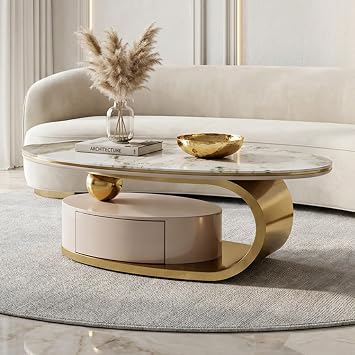 Luxury Coffee Table 51.2" Oval Marble Coffee Table with Print Glass Tabletop & Gold Stainless Steel Base& Drawer, Heavy Duty Stylish Living Room Center Table
