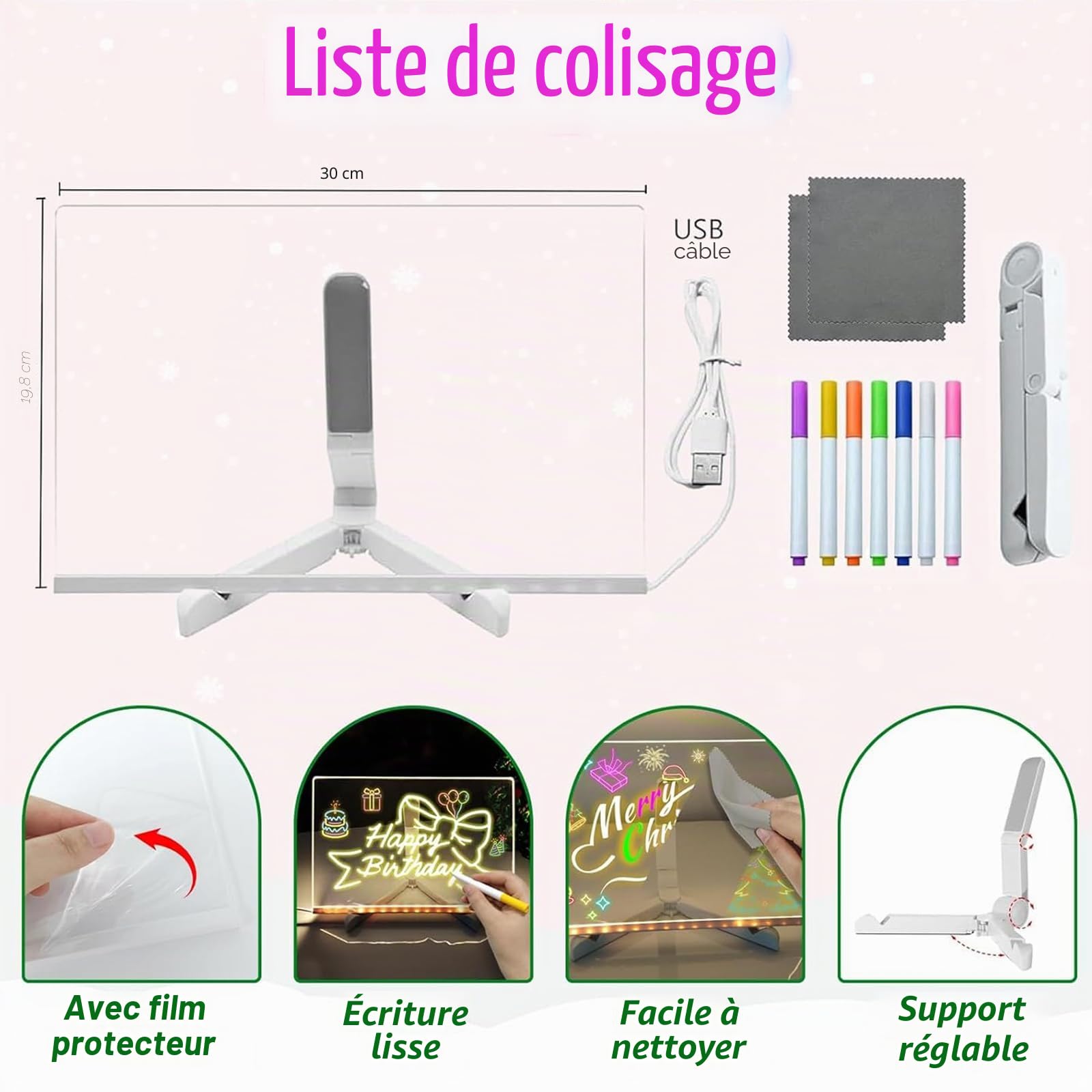 Tableau de Notes LED avec Couleurs, Tableau de Message Lumineux en Acrylique 7 Couleurs avec Stylet/Support, Tableau de Dessin et Écriture LED pour Enfants, Tableau de Gribouillage Artistique pour