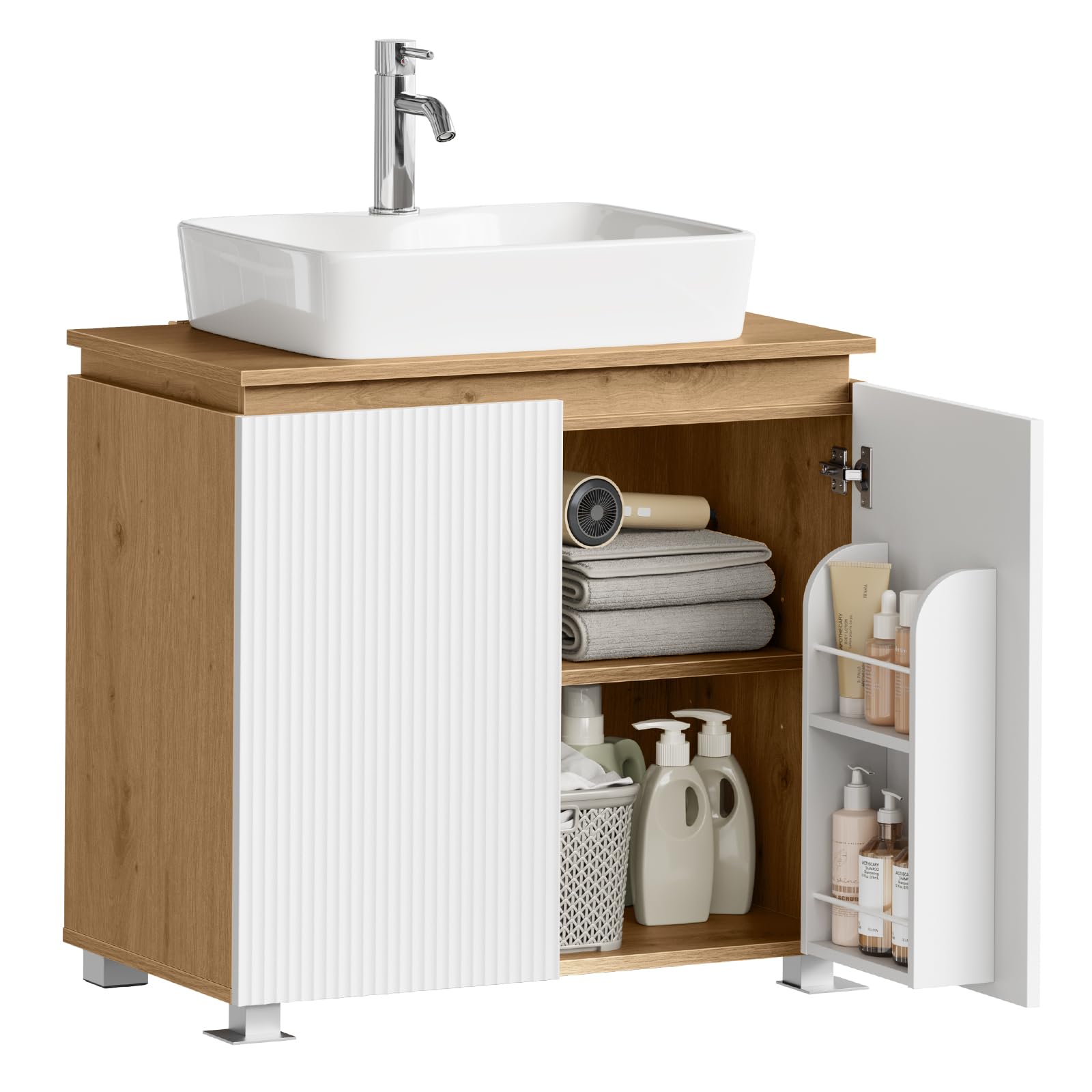 EUGAD Waschbeckenunterschrank, Badezimmerschrank, 2 Fächer hinter den Türen, mit verstellbarem Einlegeboden, 70 x 40 x 65 cm, Weiß und braune Holzoptik