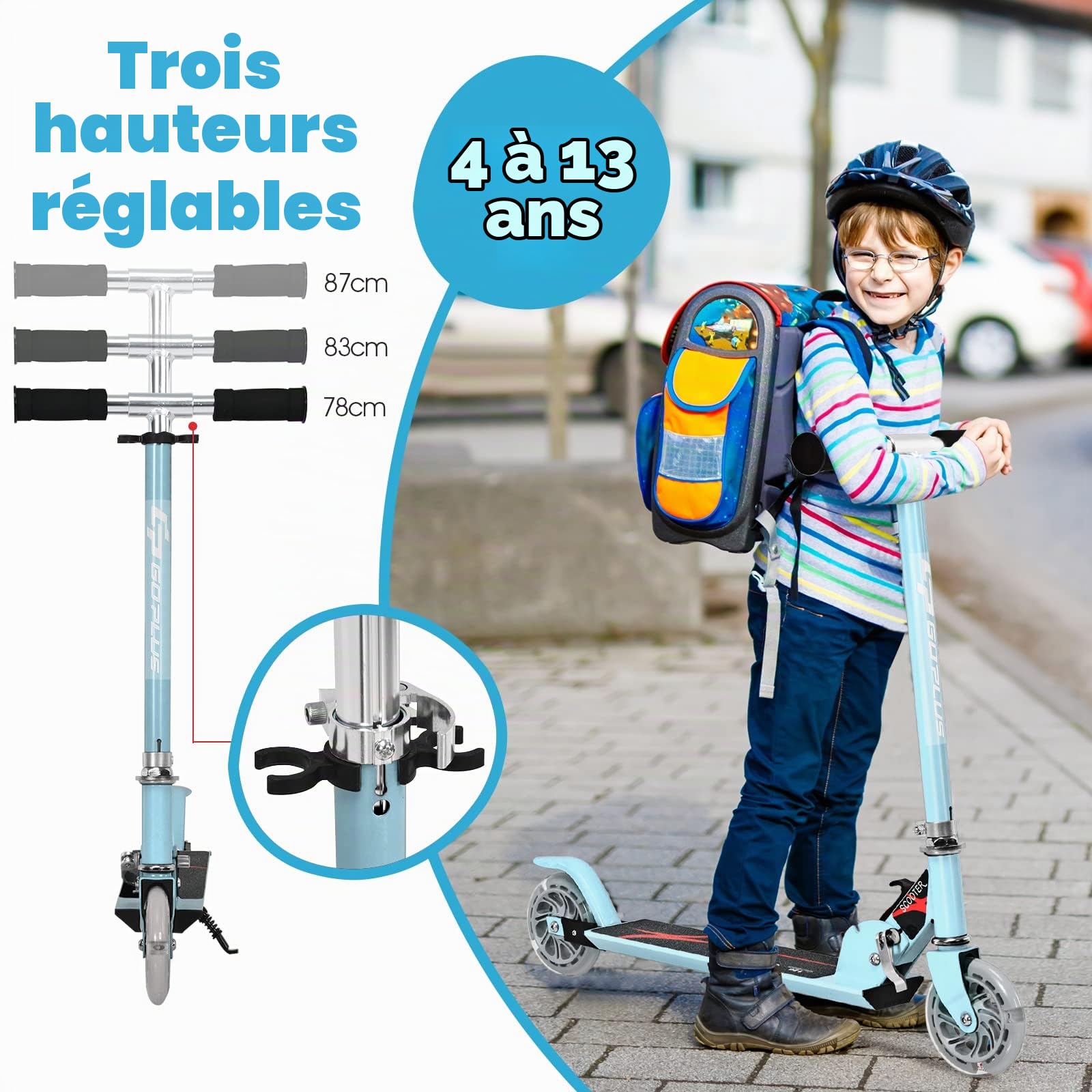 KOMFOTTEU Trottinette Enfant avec 2 roulettes, LED et Frein, Planche à roulettes Pliabl, Hauteurs réglables 63-85 cm, Scooter en Aluminium, Charge jusqu'à 70 kg, Enfants Plus de 4 Ans