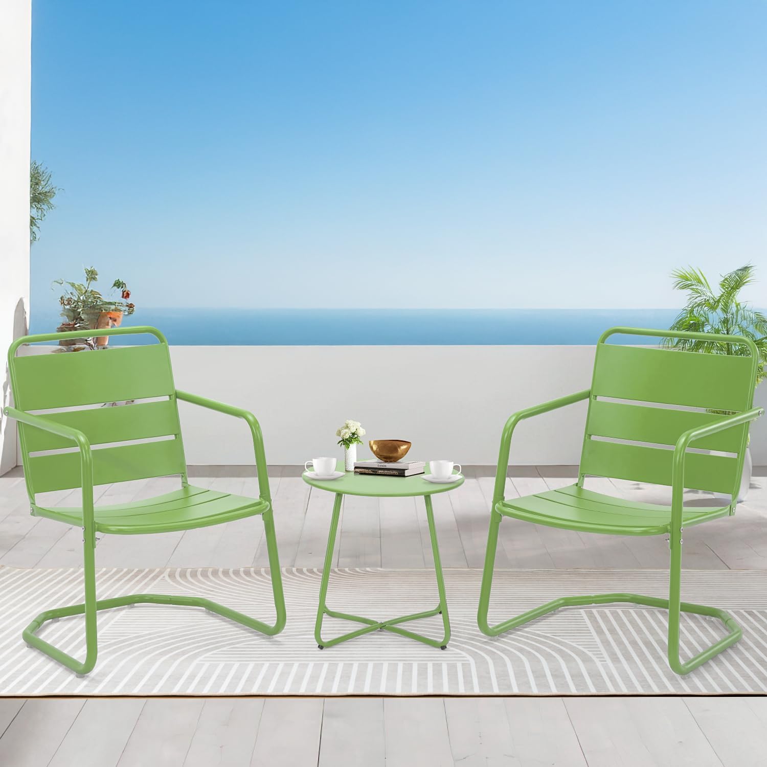 MELLCOM 3 Piece Patio Set, Small Patio Furniture Set - 2 C-Spring Metal Chairs with Round Side Table, Outdoor Bistro Set for Balcony, Front Porch, Poolside, Garden, Deck, Green