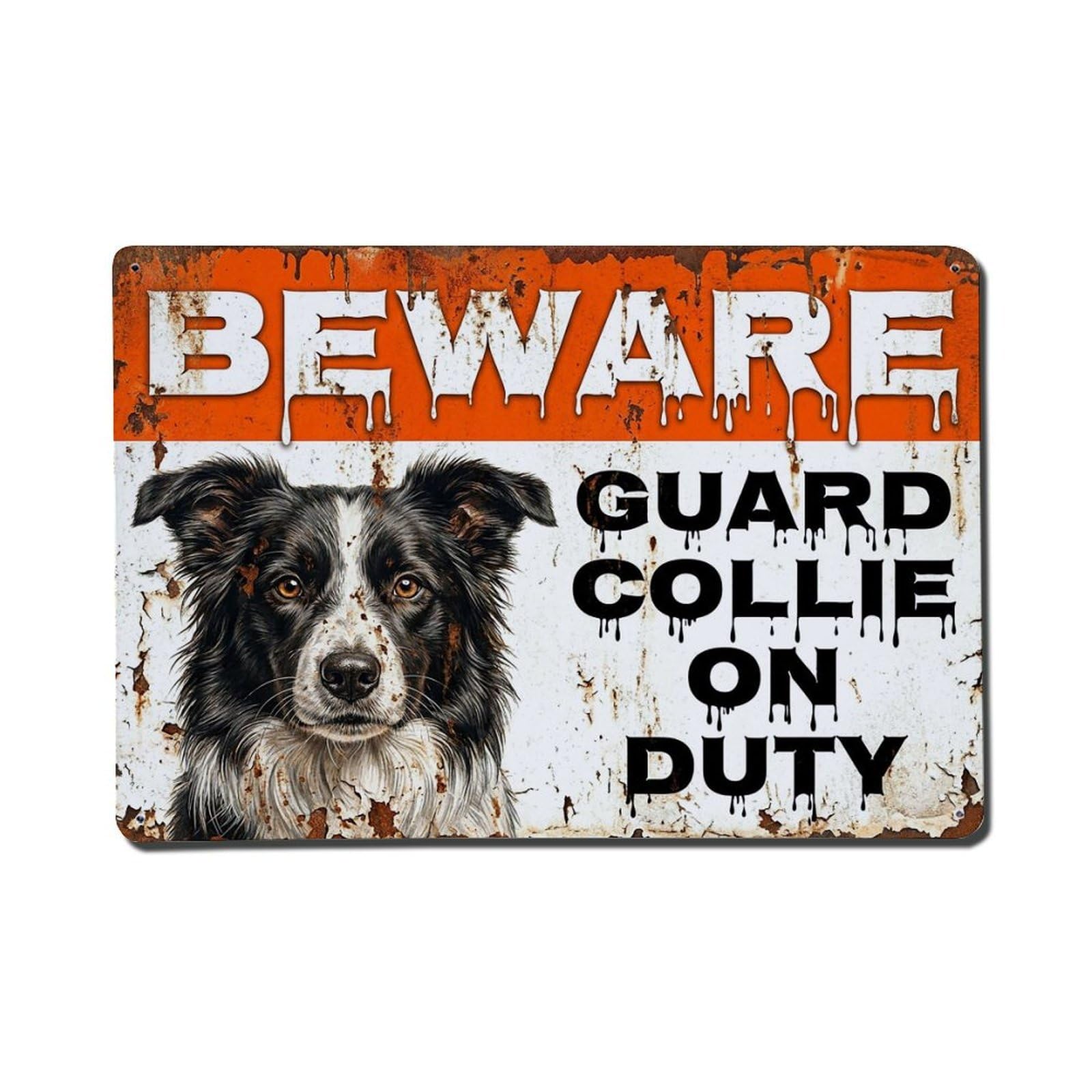 Vintage Funny Collie Guard Beware of Dog Foyer Metal Tin Sign Plaque Wall Decor for Cafe, Club Bar, Office, Garden Metal Poster 8x12Inch