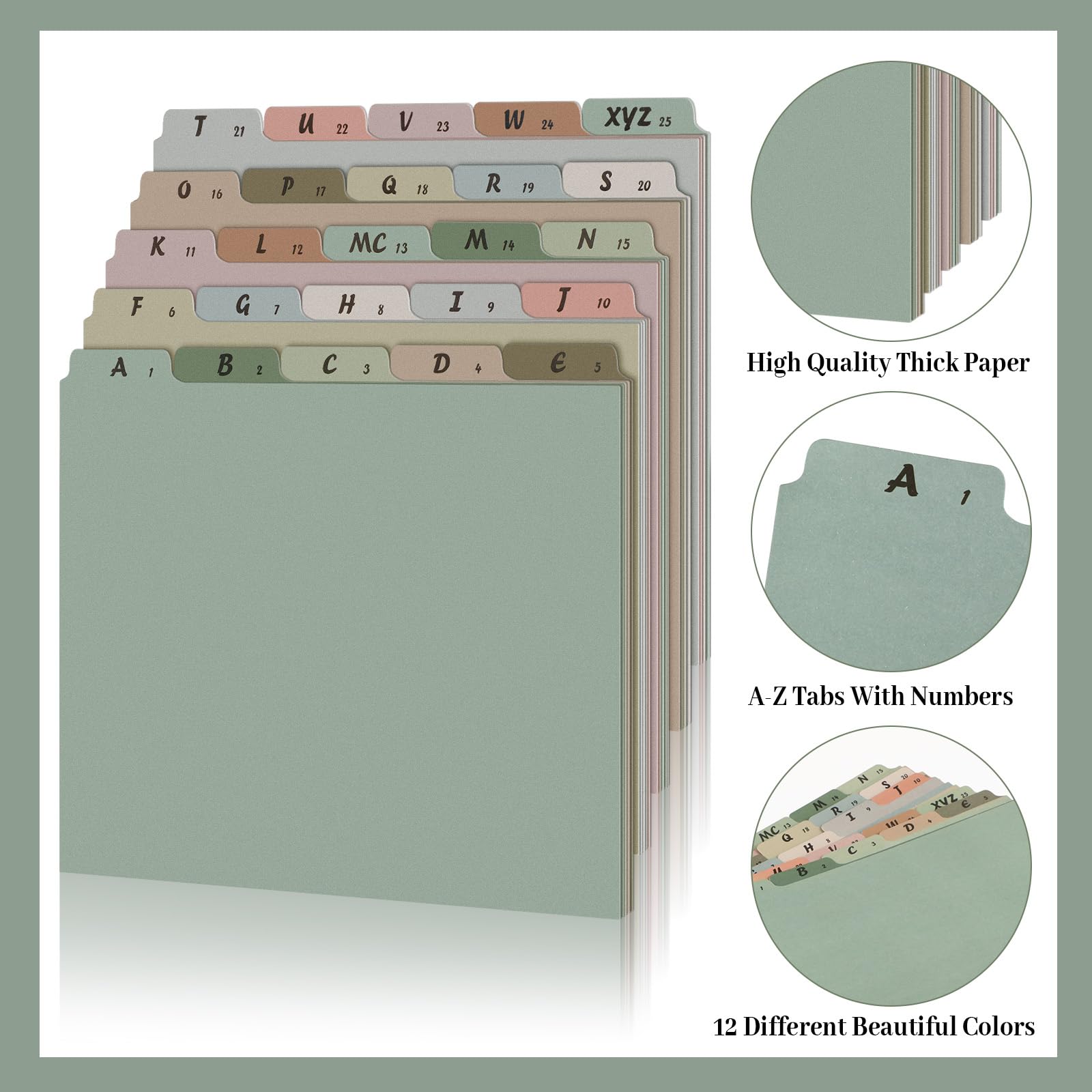 Juego de 75 guías de archivos con pestañas superiores del alfabeto A-Z, separadores de archivos de tamaño carta Morandi de 1/5, separadores de archivos, organizador de escritorio para