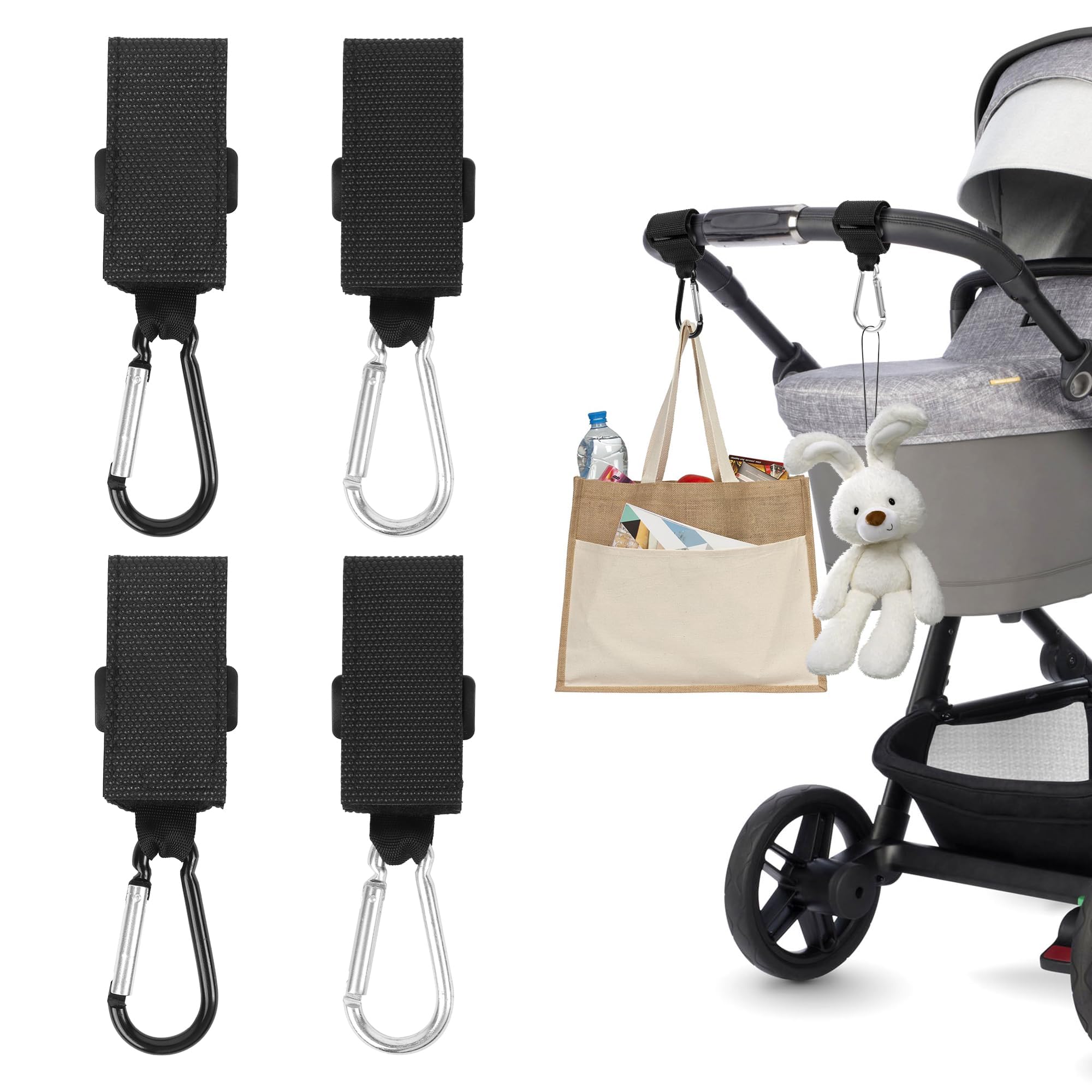 4 PCS Universal Stroller Hooks, Adjustable Buggy Clips for Pram, Bike, Shopping Cart - Heavy Duty Handle Hangers for Bags, Baby Changing, Groceries (Black & Silver)