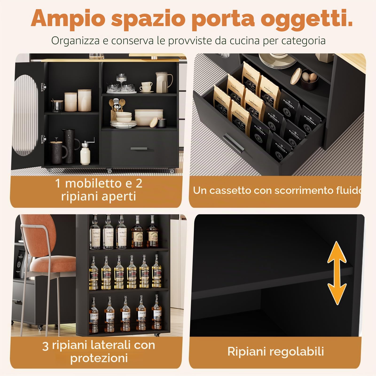 Isola da cucina girevole a 360° con spazio di archiviazione, carrello da cucina portatile, tavolo da bar allungabile, piano di lavoro in acciaio inox, bar per la colazione con armadi e cassetti, per