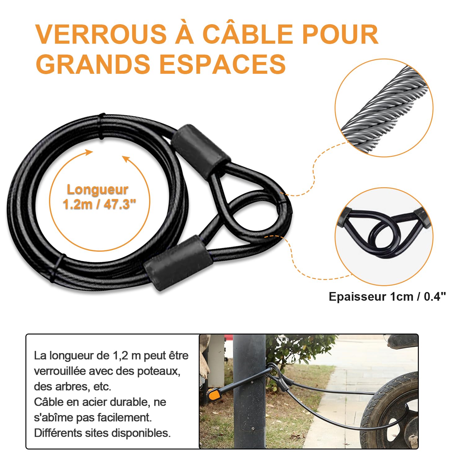 Antivol de vélo U avec Câble, antivol à combinaison à 4 chiffres, avec câble de 1,2 m pour vélo, Serrure de vélo scooter électrique, moto, porte
