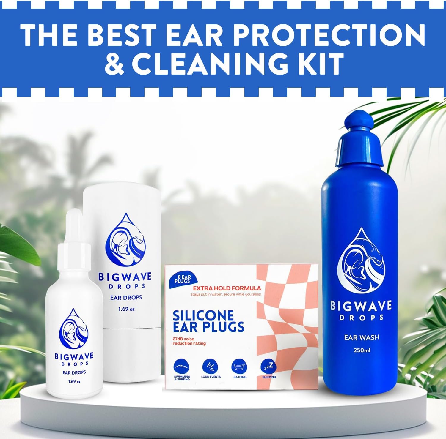 BigWave Drops Ear Care Bundle - Includes Ear Drops, Ear Wash & Silicone Ear Plugs - for Swimmers, Athletes, Divers, Travelers - Ear Care Products for Men, Women, Kids & Adults - Best Swimmer Gift