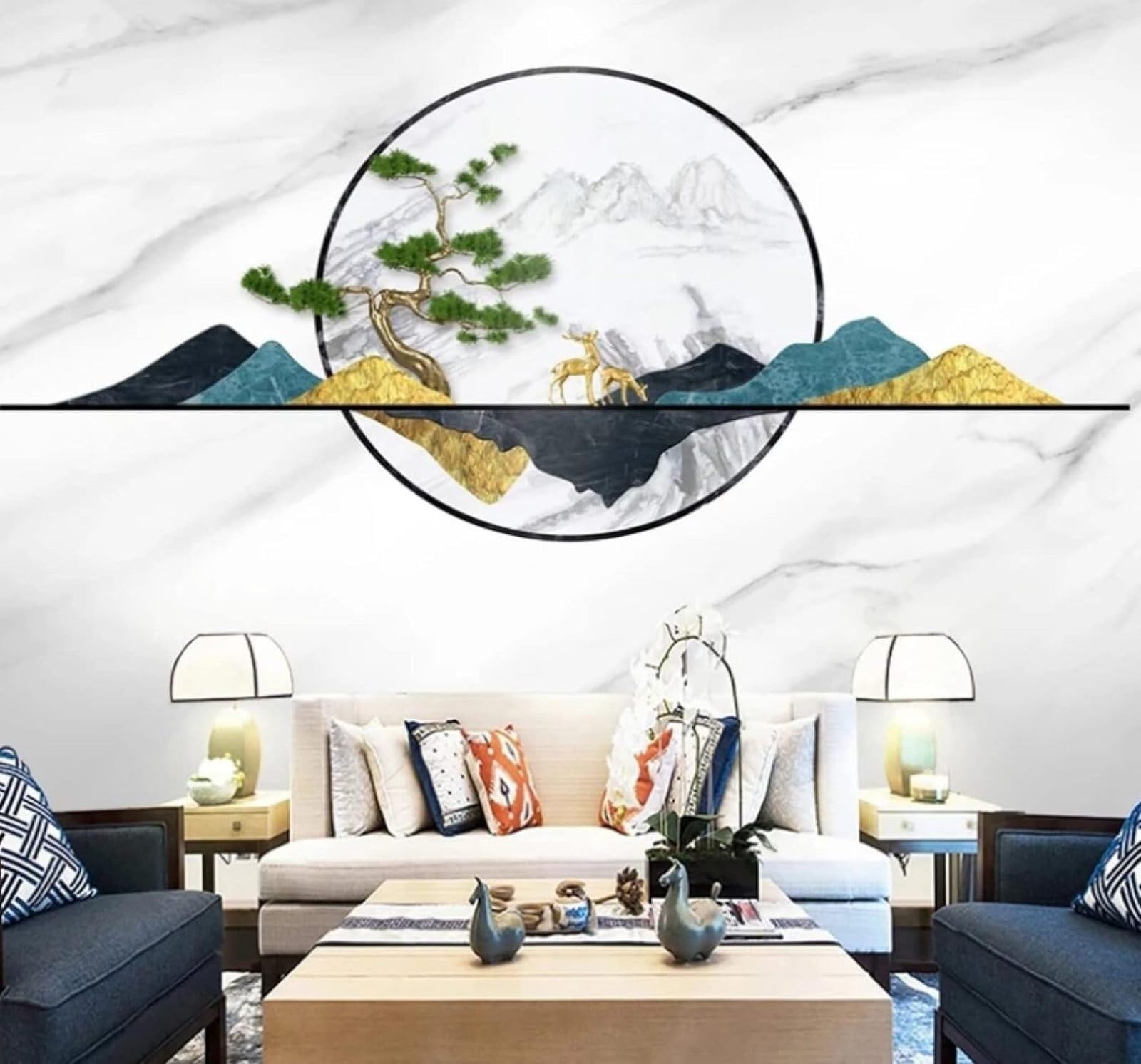 Xlming 400Cm×280Cm(B×H) Minimalist Landscape Trees Reindeer Marble Effect 3D Wallpaper Luxury Silk Study Dining Feature Sofa Grey Bedroom Living Room Tv Decorative Wall-400Cm×280Cm