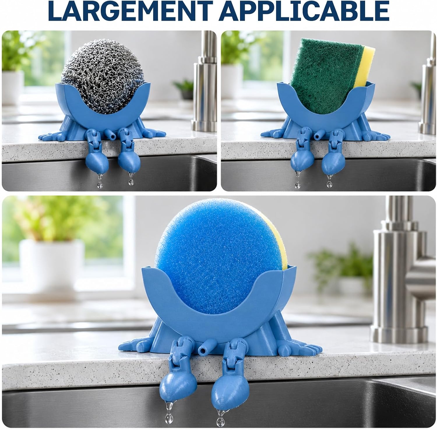 Hanging Sponge Holder with Drainage, 3D Printed Sink Caddy for Round Smile Sponges, Non-Slip Over-The-Sink Organizer, Cute Smiling Scrubber Stand Keeps Sponge Dry, Space-Saving (Black) image 5