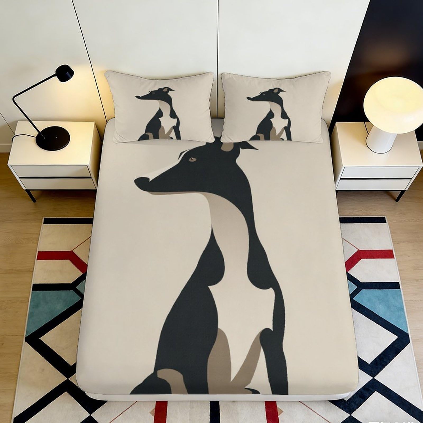 3D Printed Black Greyhound Fitted Sheet Microfiber Soft Breathable Abstract Dog Mattress Cover for Bedroom Guest Room Decor 160x200x25cm