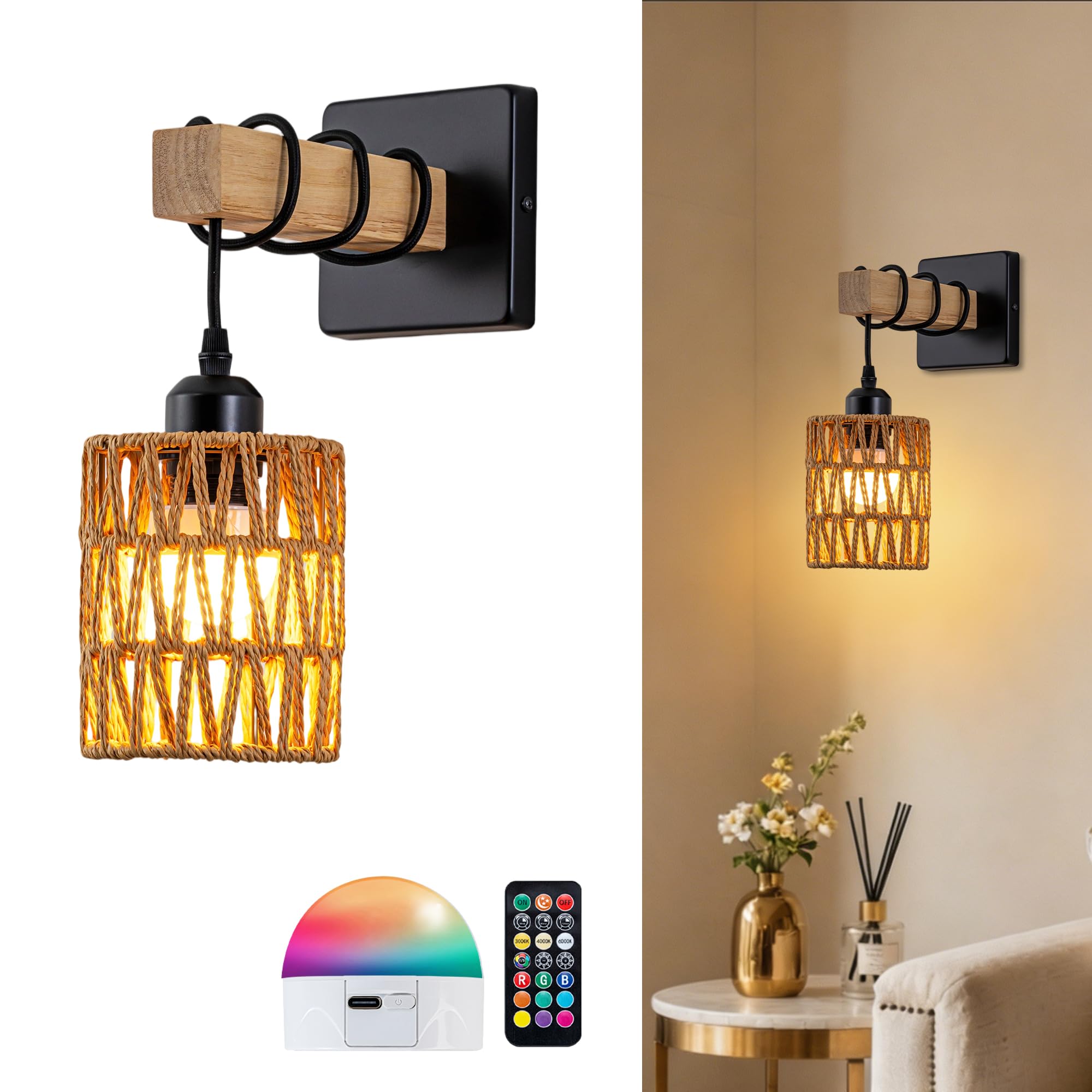 FTL Rechargeable Rattan Wall Lights Indoor with Remote Control, Boho, 4CCT