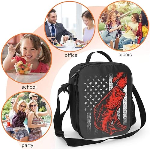 Miniatura 5 de Nerxy Bolsas de almuerzo para mujeres, hombres, niños, señuelo de pesca de lubina y bandera estadounidense, reutilizable, aislada, mini bolsa