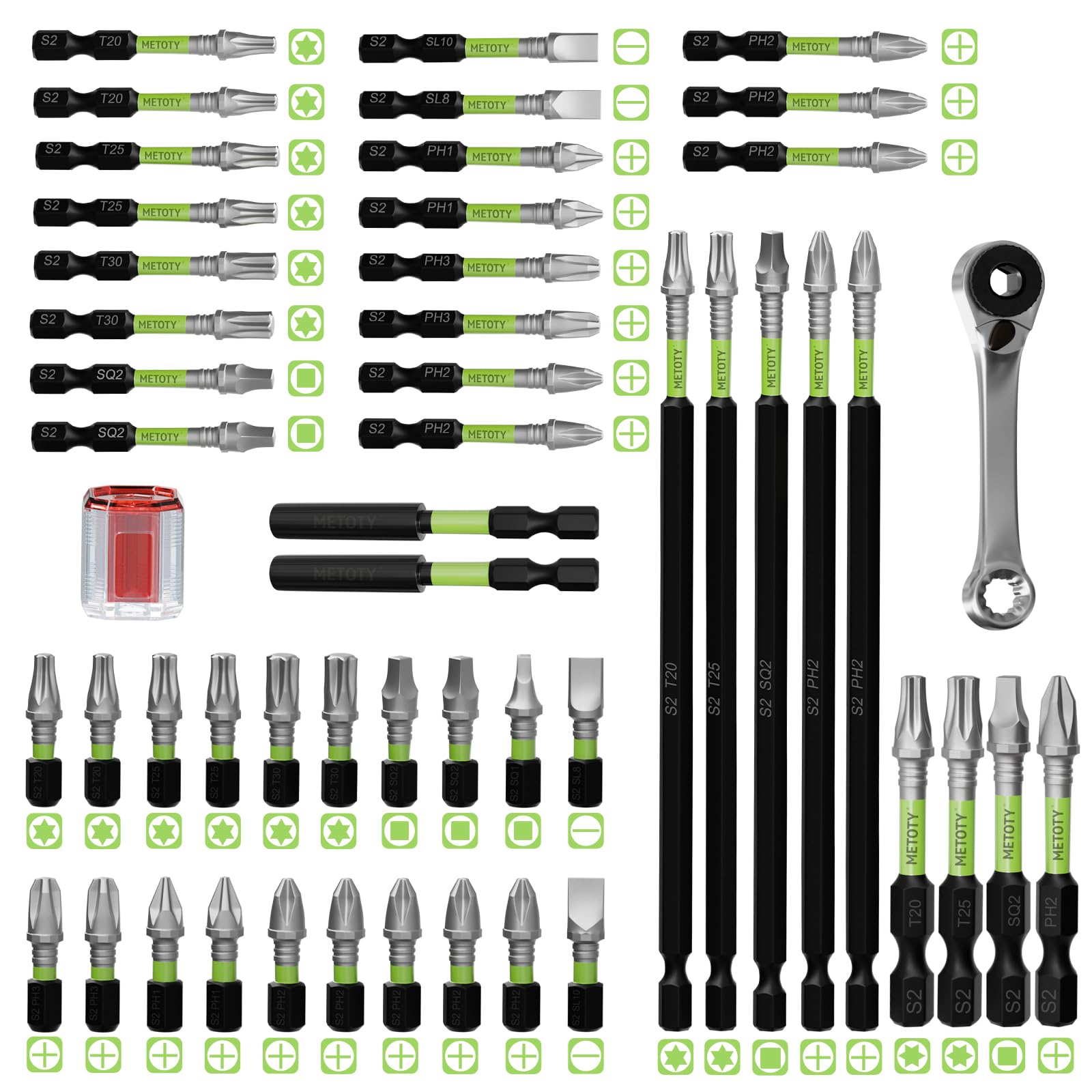52-PCS Impact Screwdriver bit Set is Resistant and Magnetic, Featuring a Mix of Various Sizes and Lengths. It Includes a Magnetizer, an Extension Rod, and a Wrench to Meet Your Work Needs