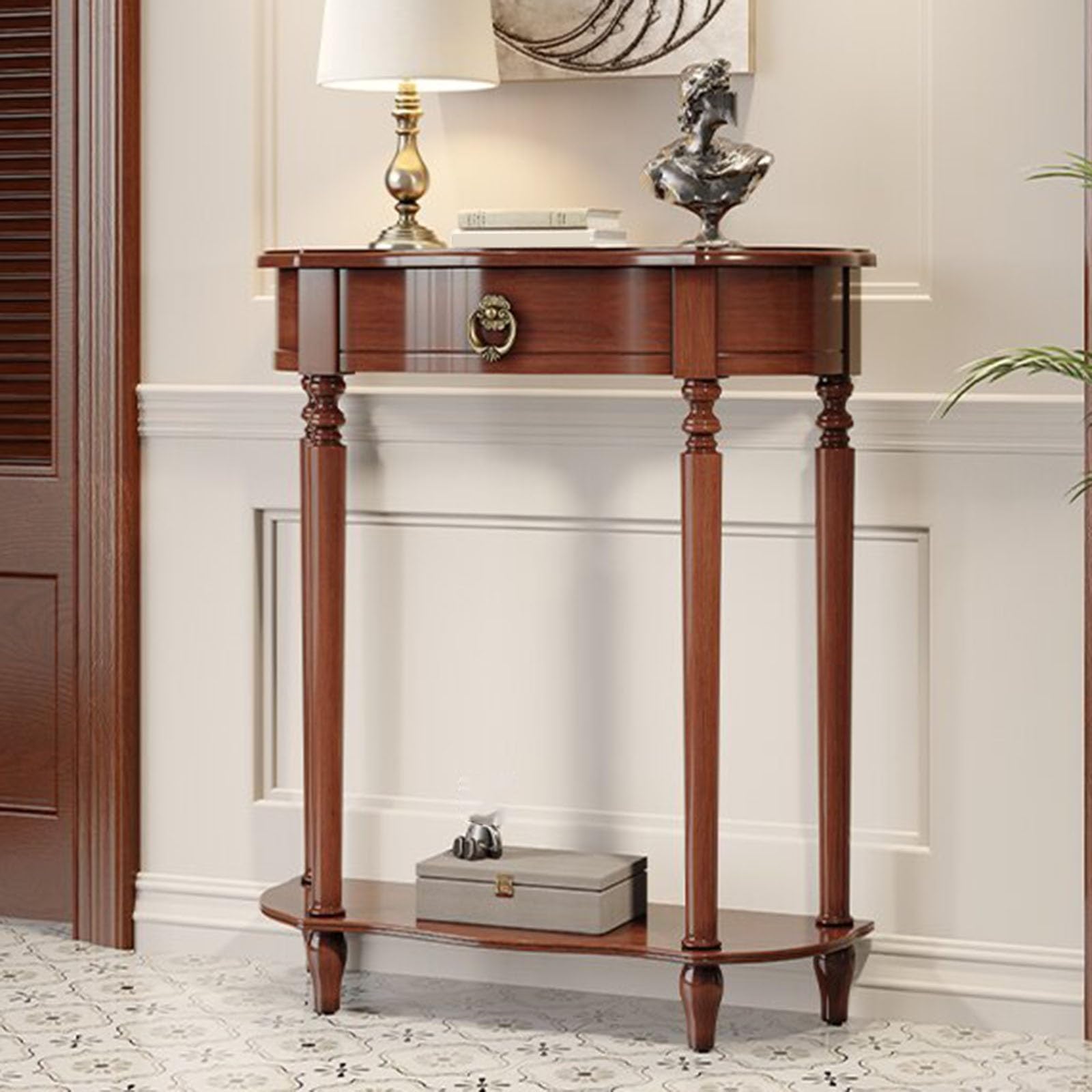Console vintage en bois massif avec tiroir, table étroite en demi-lune