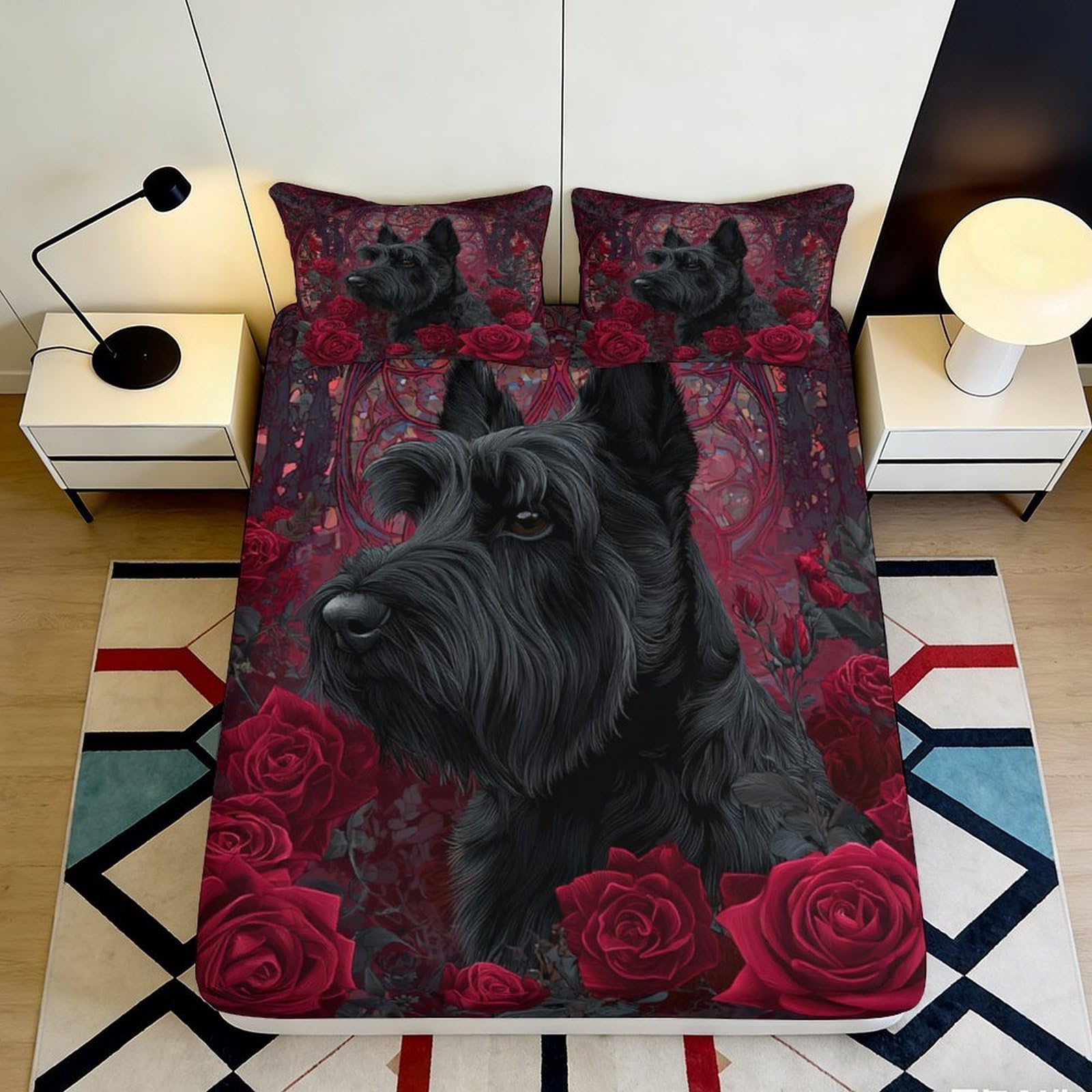 3D Printed Black Scottish Terrier Rose Fitted Sheet Microfiber Deep Pocket Bedding for Adults Scottish Dog Mattress Fitted Cover 160x200x25cm