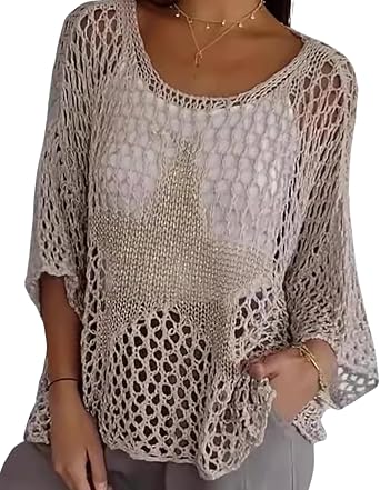 CORIRESHA Womens Summer Star Crochet Sweater Scoop Neck 3/4 Sleeves Hollow Out Knit Beach Cover Up