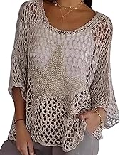 CORIRESHA Women's Summer Star Crochet Sweater Scoop Neck 3/4 Sleeves Hollow Out Knit Beach Cover Up - Buy now