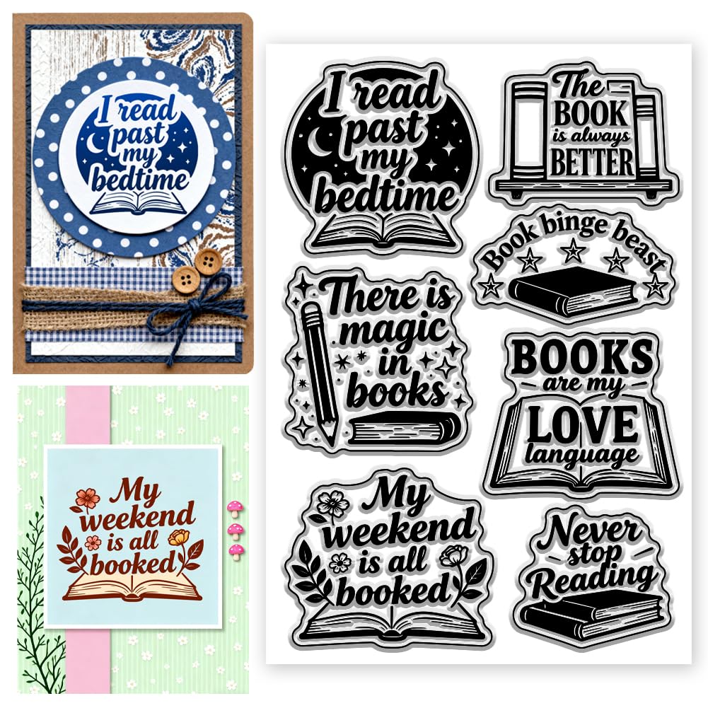 Timbri trasparenti in silicone con motivo di libri di lettura e scrittura correlata al libro, per fai da te, scrapbooking e creazione di biglietti, decorazione artigianale con carta, 16,3 x