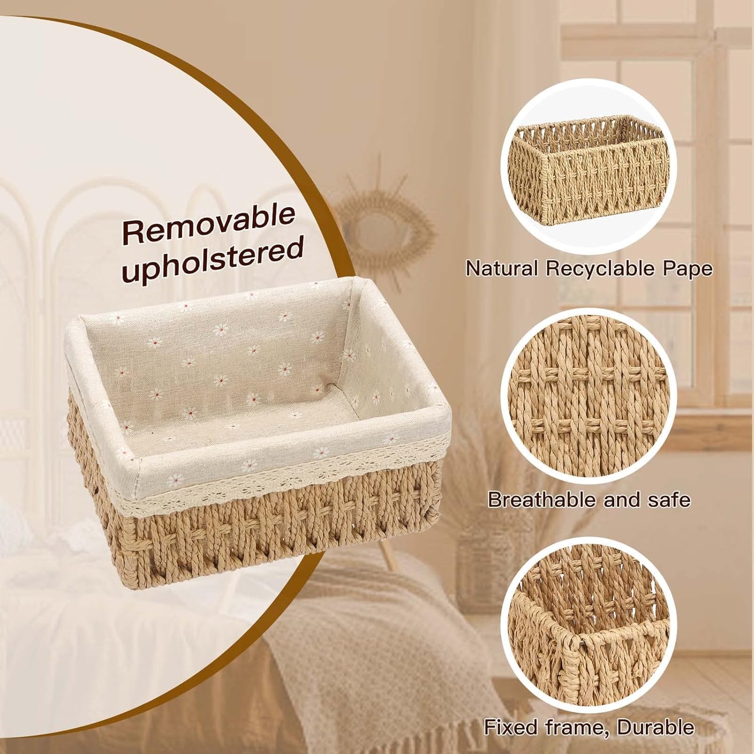 Geflochtene Aufbewahrungskörbe 3er Set für Wickeltisch & Babyzimmer – Kleine Körbchen Organizer aus Papierseil mit Stoffeinsatz für Windeln, Kosmetik, Badezimmer & Regal (Landhaus Blumen)