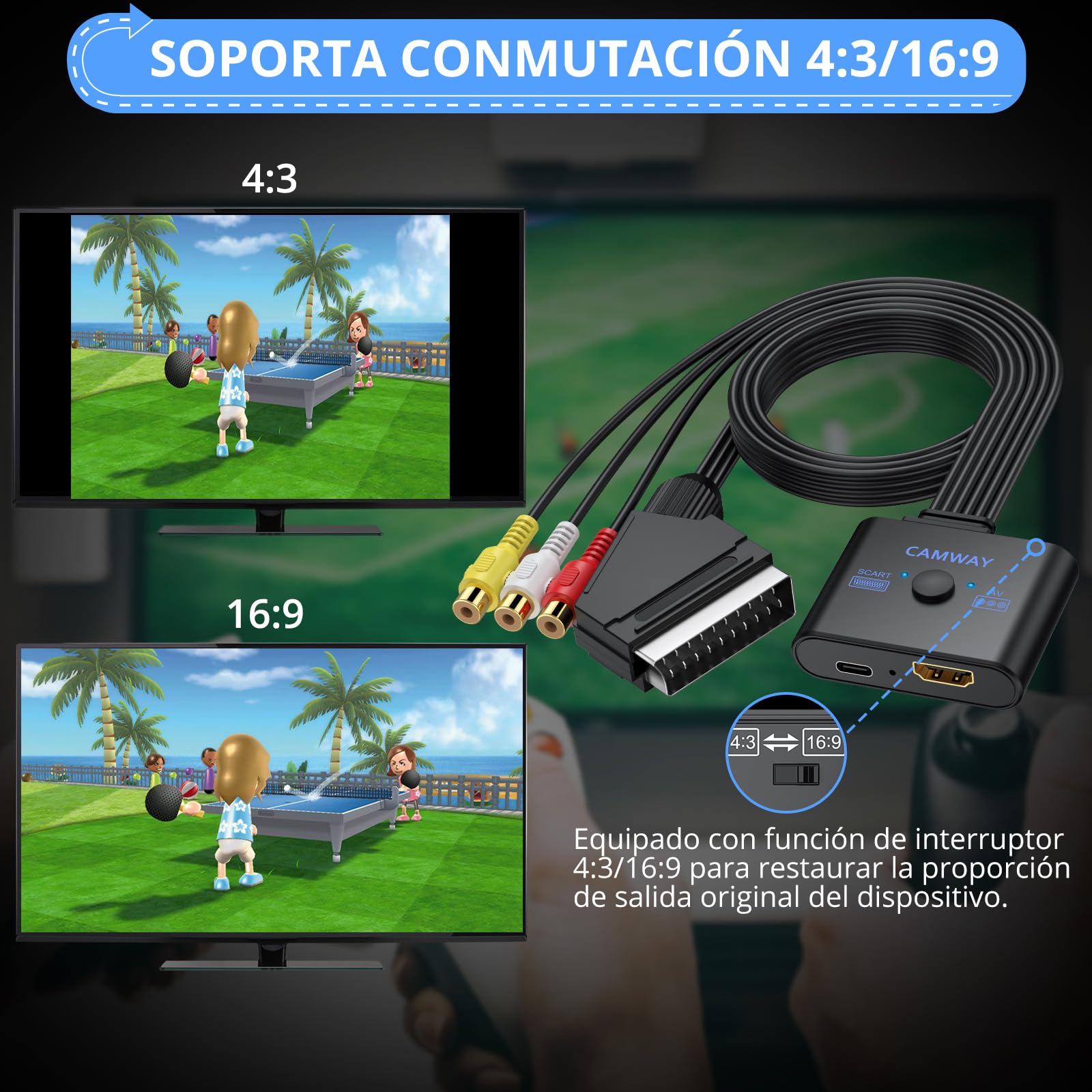 CAMWAY Adaptador RCA y Scart a HDMI con Switch 16:9/4:3, 1080P Convertidor AV/Scart a HDMI con Cable HDMI 50CM, Plug&Play, Compatible con PAL/NTSC para Wii PS1 PS2 N64 Xbox DVD VCR VHS