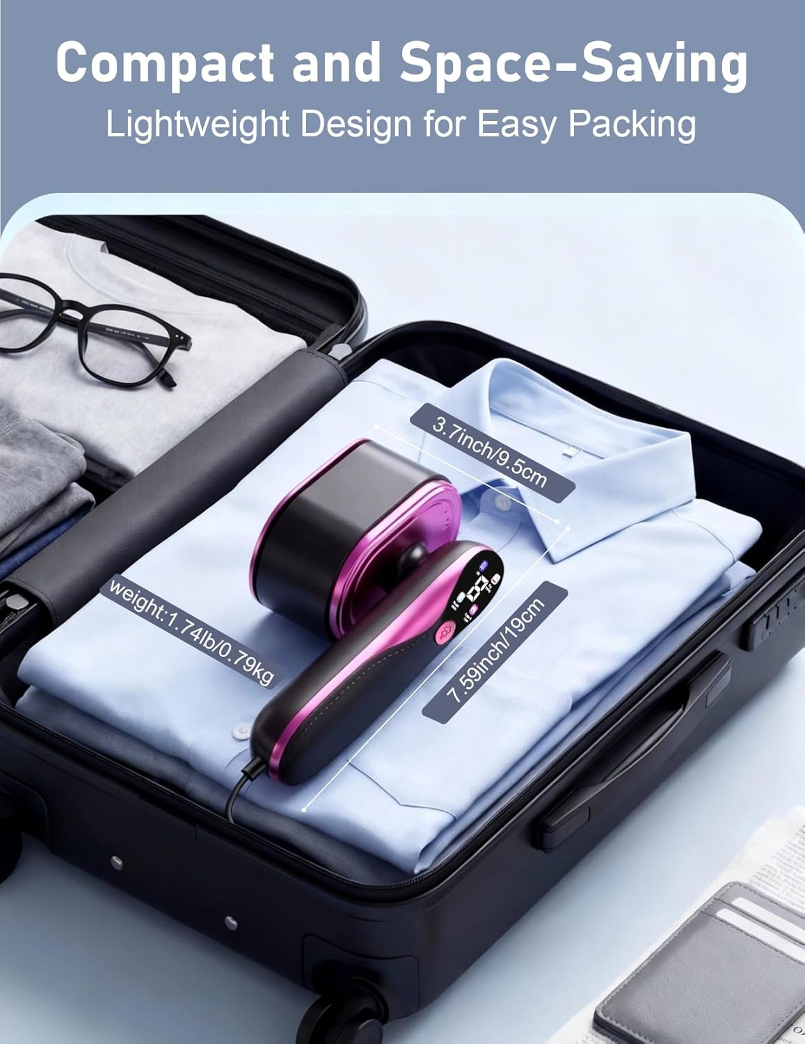 Travel Garment Steamer for Clothes with LED Display, 1200W Portable Handheld Steamer ＆ Iron 2 In 1, 10s Fast Heat Up, Large Ceramic Heat Panel, All-Fabric Quick Wrinkle Remover