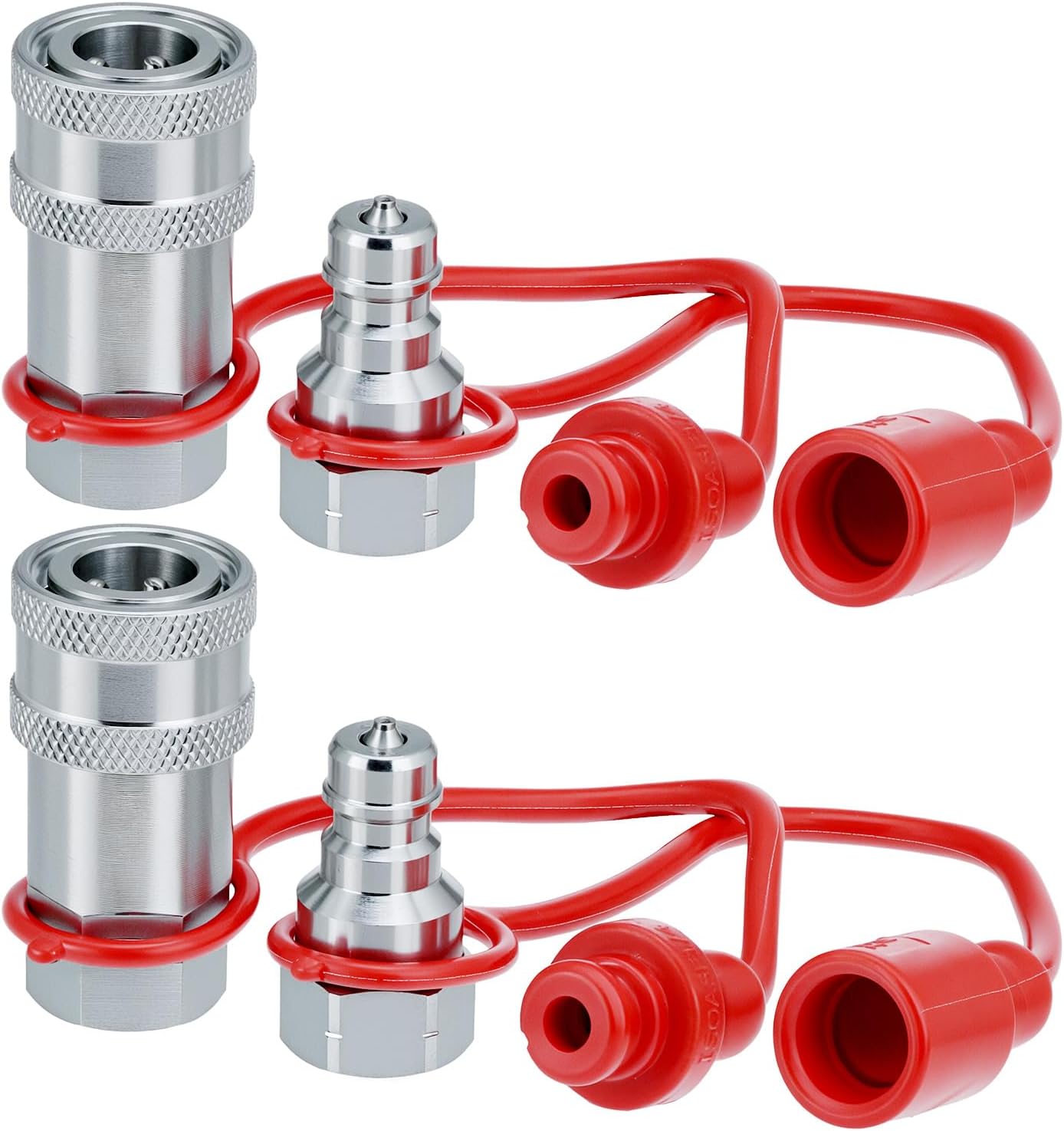 QWORK Hydraulic Quick Connect Couplers, 2 Sets 1/4 Inch NPT Thread Poppet Valve, 1/4" NPT Thread and 1/4" ISO Body, 3600 PSI, Hardened Steel with Dust Caps