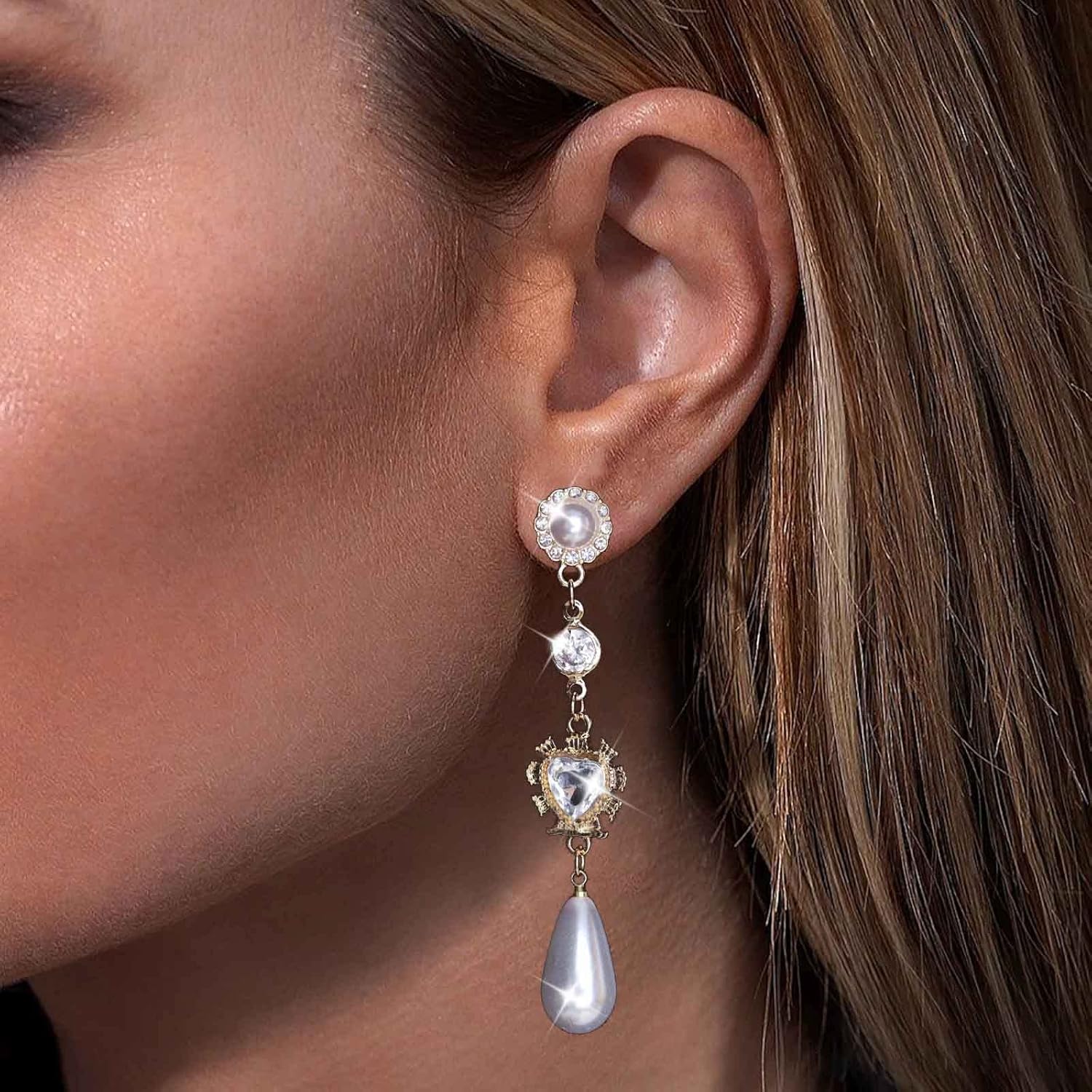 Andelaisi Boho Crystal Heart Pearl Earrings Vintage Pearl Teardrop Dangle Earrings Gold Pearl Stud Earrings Personalized Pearl Long Drop Earrings Jewelry for Women - Image 7