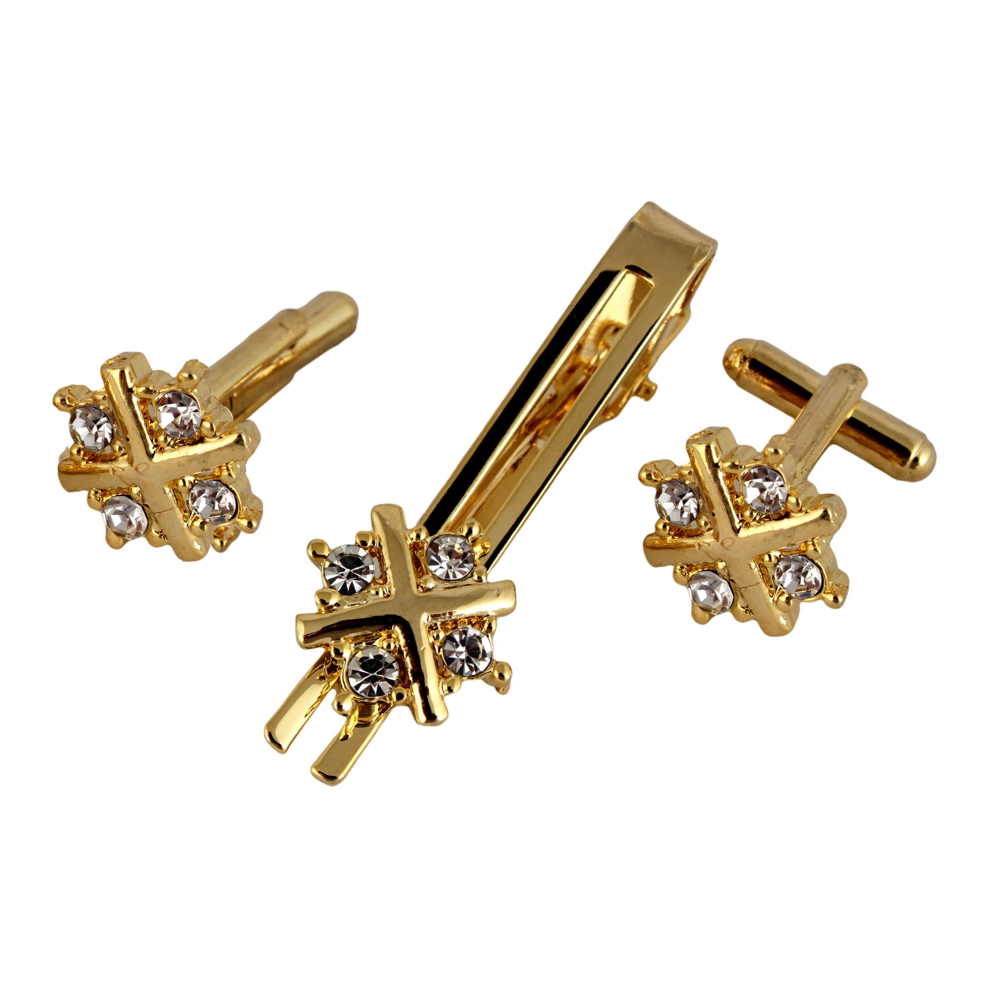 lucky jewellery Unique Men Jewelry White Color Stone Gold Plated Sleeve Button Formal Cuff Button Wedding Shirt Button, Suit, Blazer Cufflinks with Matching Tie Pin Gift Set For Men (330-M4C5-A5208)-picture-34