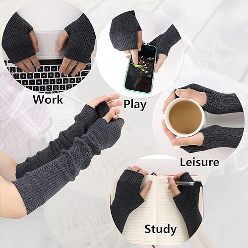 Miniatura 2 de Facecozy Calentadores de brazos para mujer, mezcla de lana de cachemira, guantes largos sin dedos para mujer, guantes para clima frío con agujero