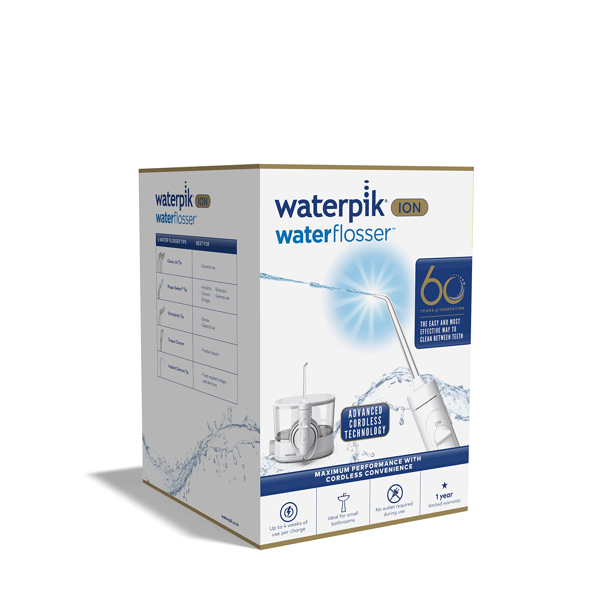 Waterpik ION WF11 - Idropulsore a getto dentale, ricaricabile, portatile, con 6 punte e 1 custodia