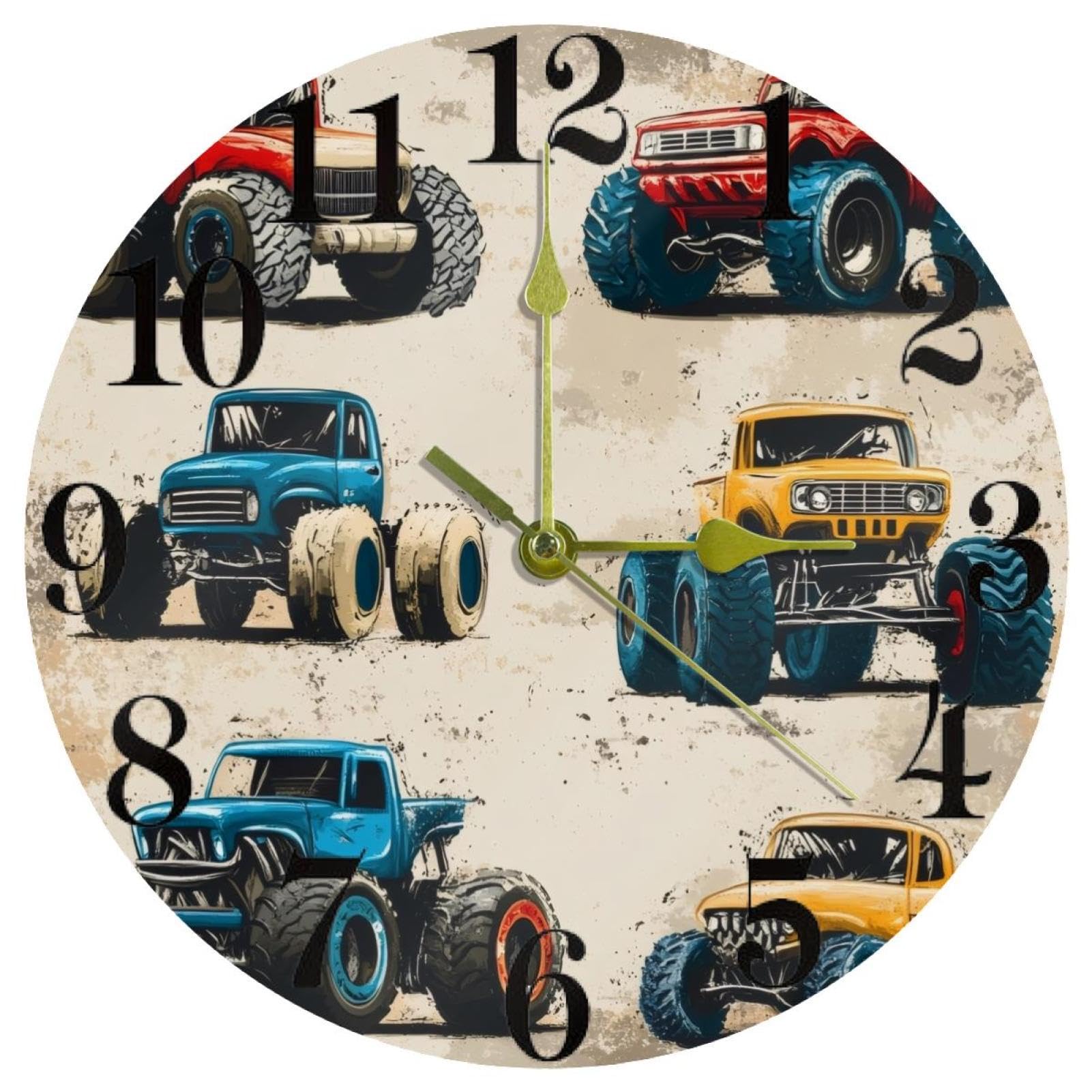 Horloge murale colorée voitures monstres ronde silencieuse à quartz pour maison