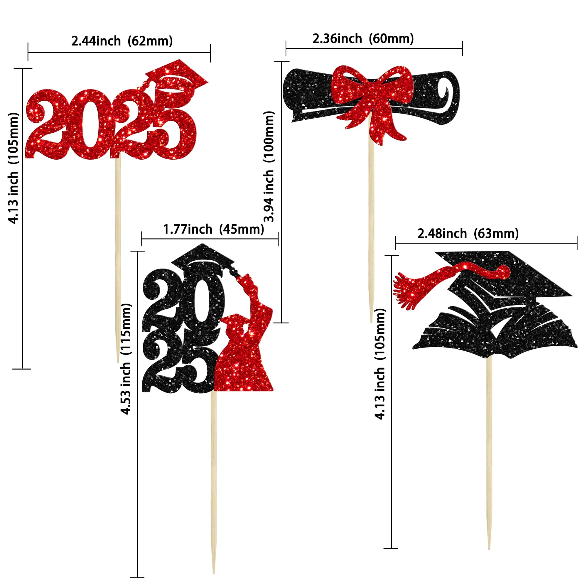 Gyufise 36Pcs 2026 Graduation Theme Cupcake Toppers Glitter Class of 2026 Cupcake Picks Diploma Graduation Cap Cake Decorations for 2026 Graduation Theme Party Decorations Supplies Red - Image 2