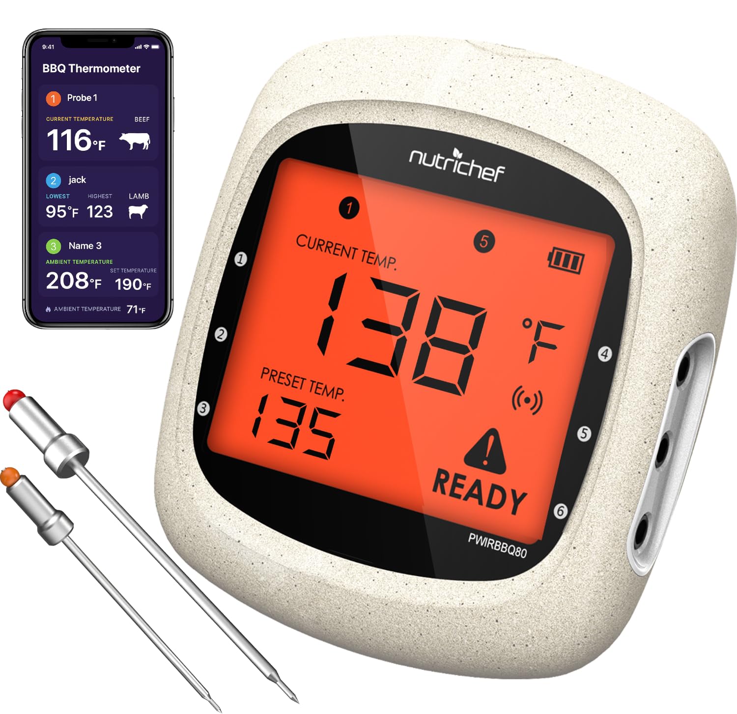 NutriChef Bluetooth Meat Thermometer for Grilling and Smoking, up to 6 Temperature Probes and Smart APP, 400 Ft Range, LCD