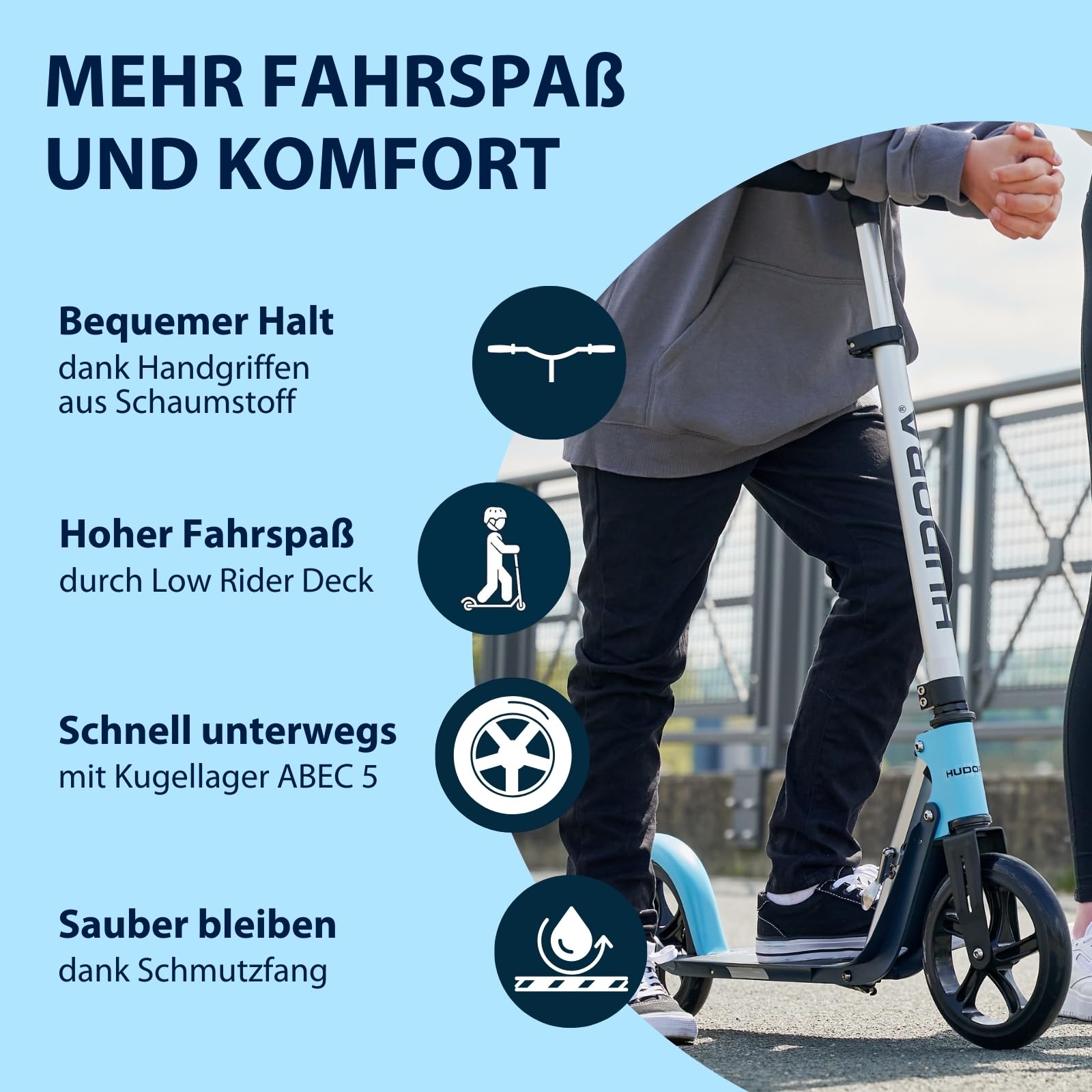 HUDORA BigWheel Pure Scooter - Stabiler Aluminium-Roller mit Ständer - Höhenverstellbarer & zusammenklappbarer Cityroller für bis zu 100kg - Tretroller für Jugendliche und Erwachsene