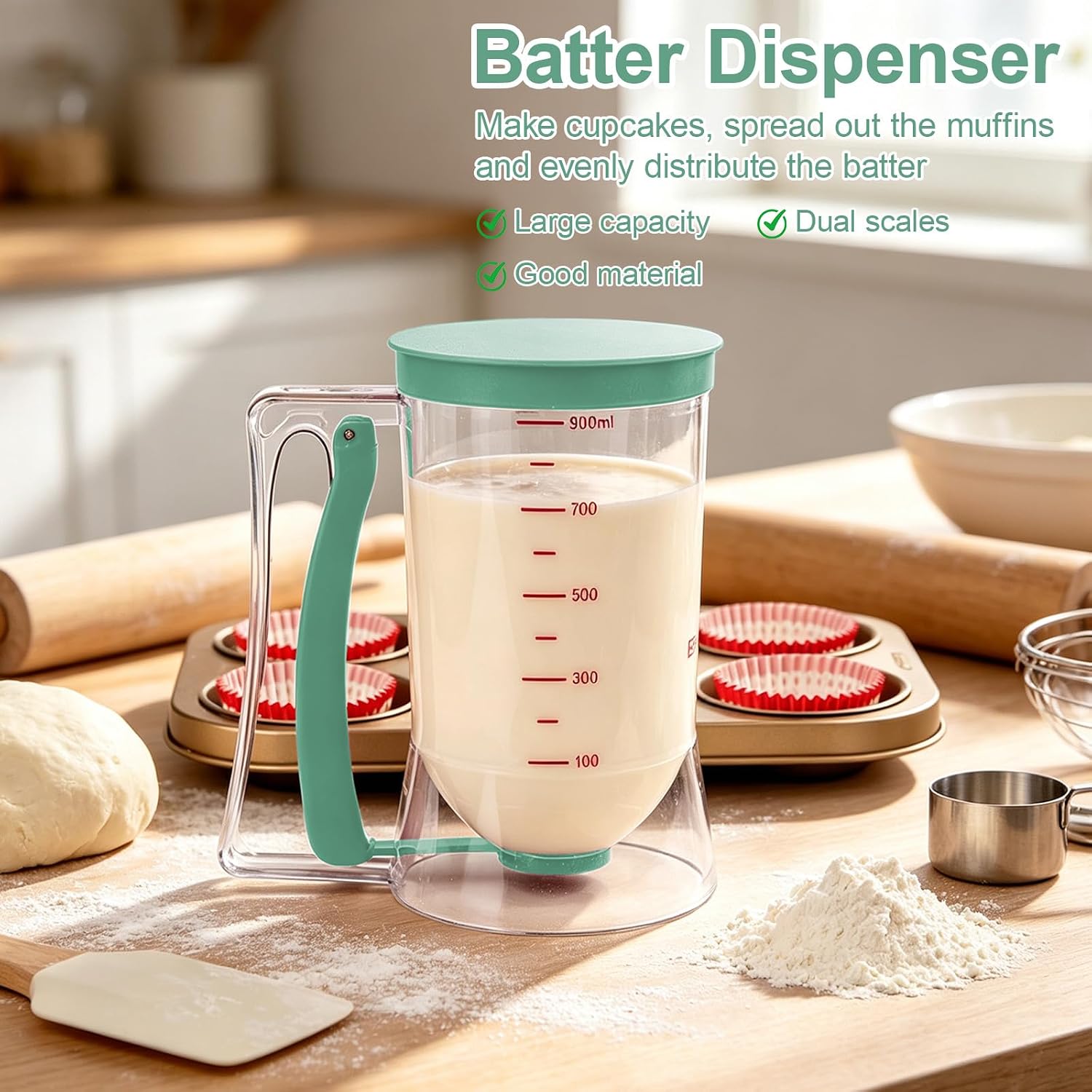 4-Cup Pancake Batter Dispenser with Measurement Markings Squeeze Handle,Mess-Free Cupcake Muffin Crepe Batter Pourer Dispenser Baking Tool (Green)