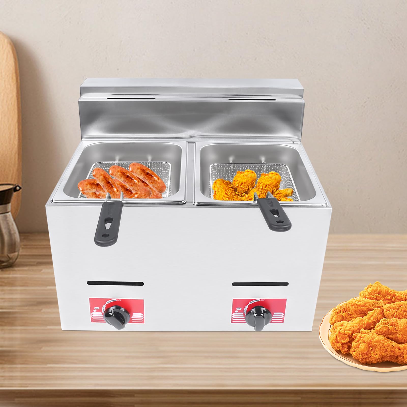 12L Commercial Gas Deep Fryer, Stainless Steel Countertop Deep Fryer with Dual Baskets & Lids, Frying Machine with Anti-Scalding Handles, Floor Standing Oil Frying Pot for Home Kitchen Restaurant