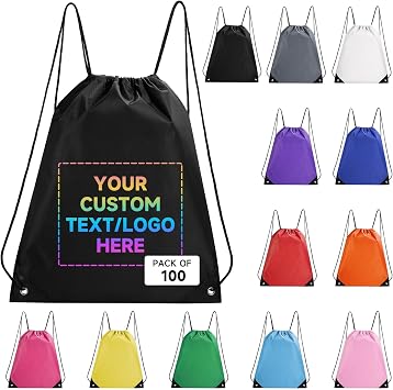 Custom Bags With Logo 100 Pack,Promotional Items Personalized Drawstring Backpack Bags Great for Gym and Everyday Use Black