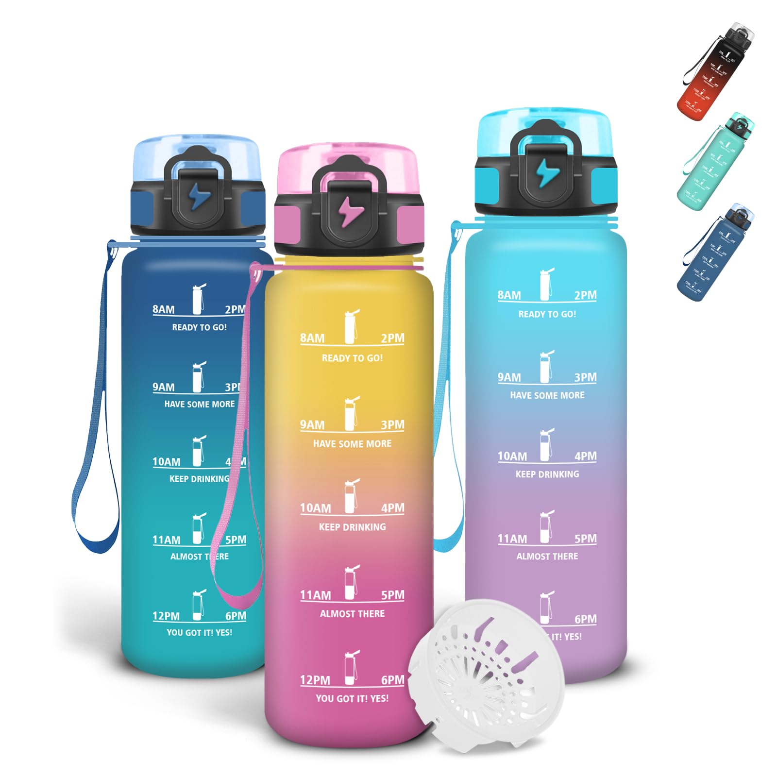 Grsta Trinkflasche 500ml, Trinkflasche Kinder mit Filter und Schnürung, Sichere Verriegelung, Auslaufsichere Wasserflasche, Flasche mit Zeitmarkierung für Wandern, Sprudel, Joggen