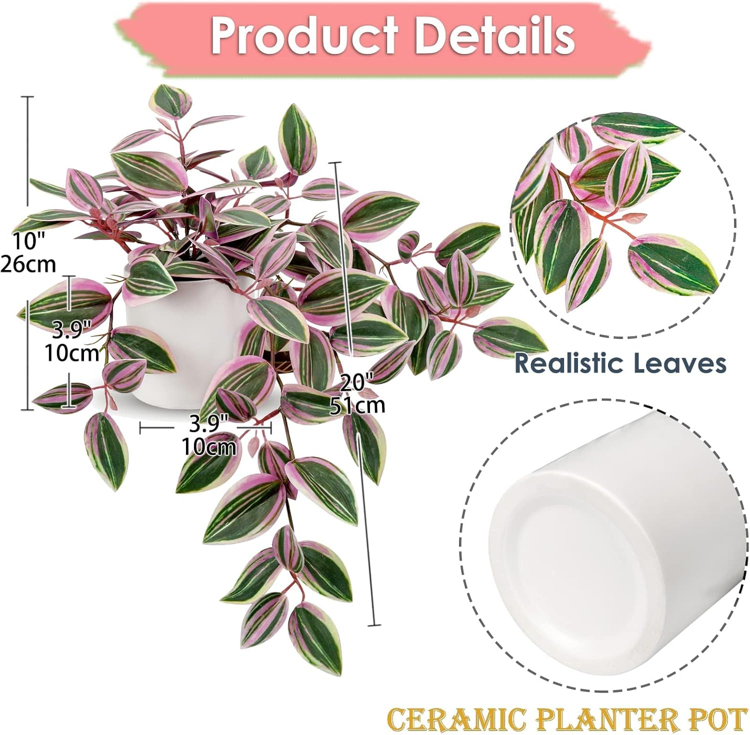 GnFlus Fake Hanging Plants in Ceramic Pot, 20 Inch Artificial Pink Ivy Leaves Plant Faux Greenery Vine Plants for Home Bedroom Office Table Shef Desk Indoor Outdoor Decor Pink