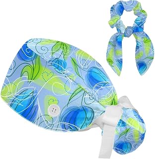 FVQL Set of 2 Bouffant Caps with Hairband Surgical Caps Scrub Cap, Hand Drawn Flower Pattern