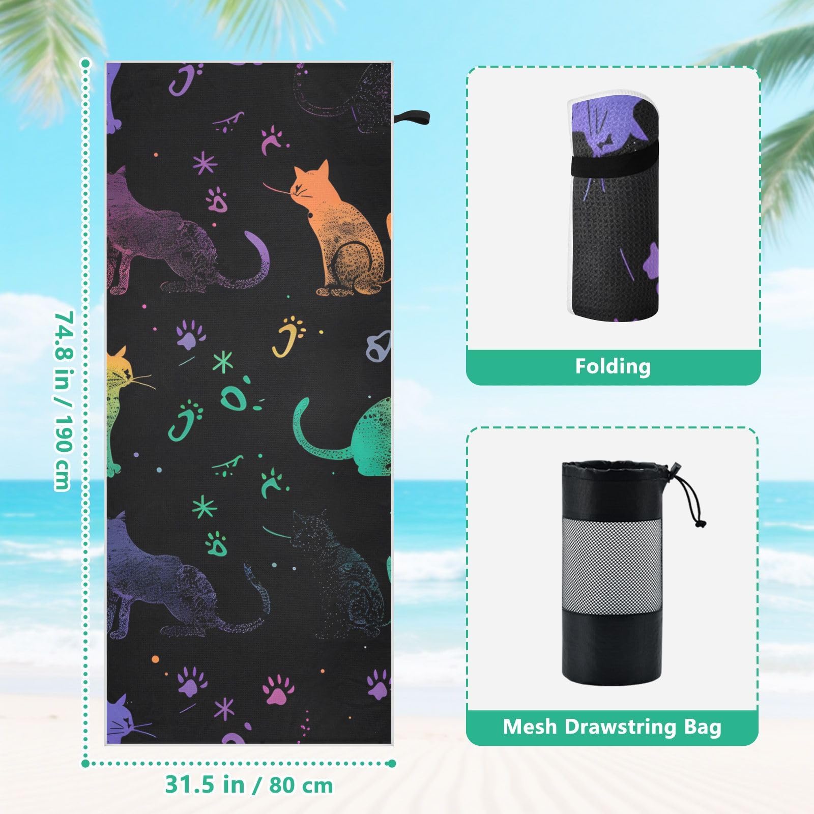 Grande serviette de plage avec sacs en maille pour adultes, chats magiques et pattes – Serviette de bain colorée avec fermeture magnétique, anti-sable, absorbante à séchage rapide pour piscine
