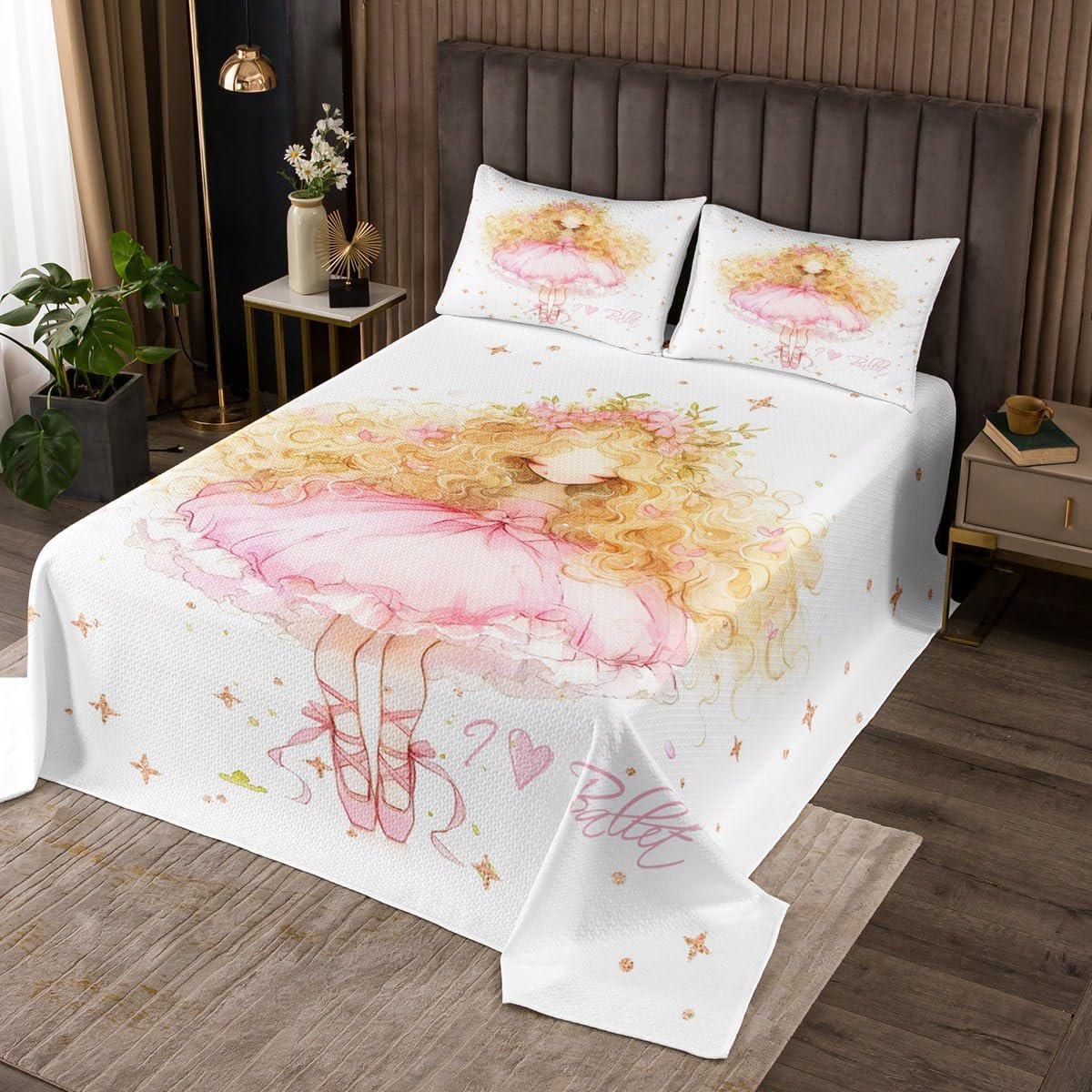 Erosebridal Kawaii Ballet Girl Bedspread Set Ballerina Princess Queen Quilt Set for Girls Kids Bedroom Decor,Dance Ballet Coverlet Set Pink Ballet Dress Shoes Bedding Set