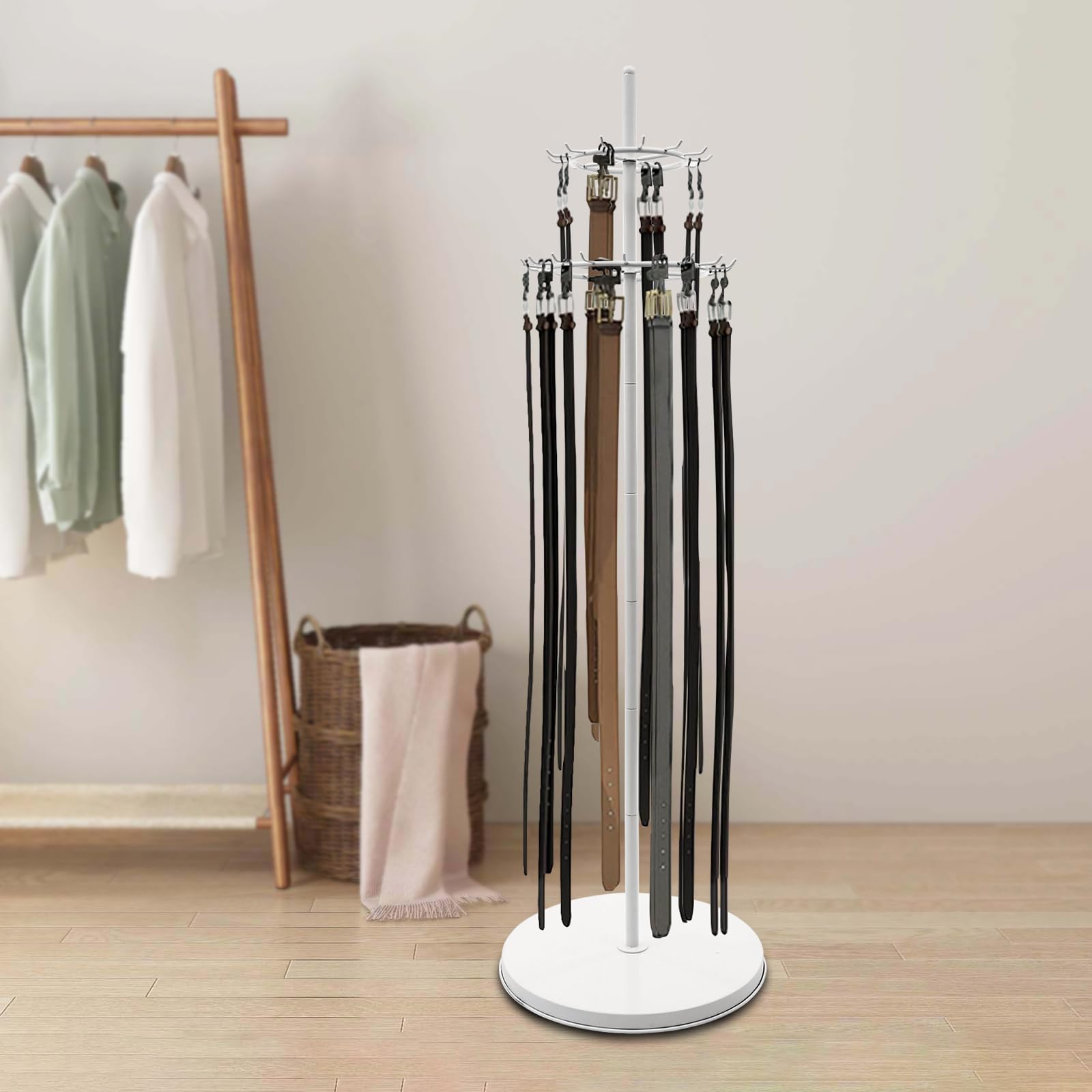 Soporte para corbatas de 2 niveles, soporte de suelo, colgador de cinturón, estante de exhibición de cinturón, 31 ganchos, pies ajustables para organizar y presentar cordones, cinturones, bufandas,