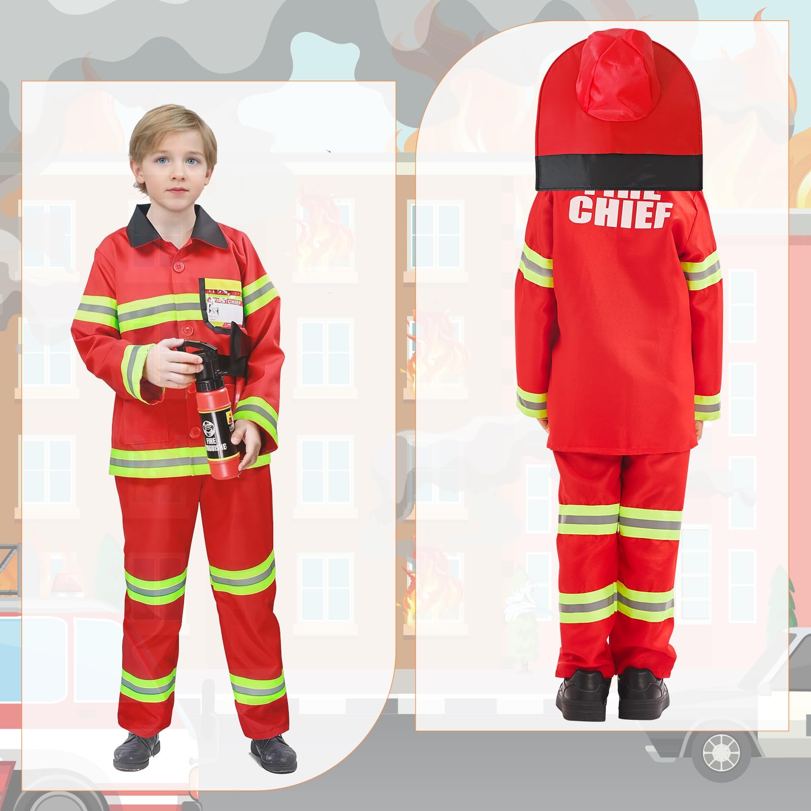 Luckyou Vestito Pompiere Bambino Costume da Pompiere per Bambini con Accessori Costume da Capo dei Pompieri Esercitazioni Antincendio Cosplay Halloween Carnevale